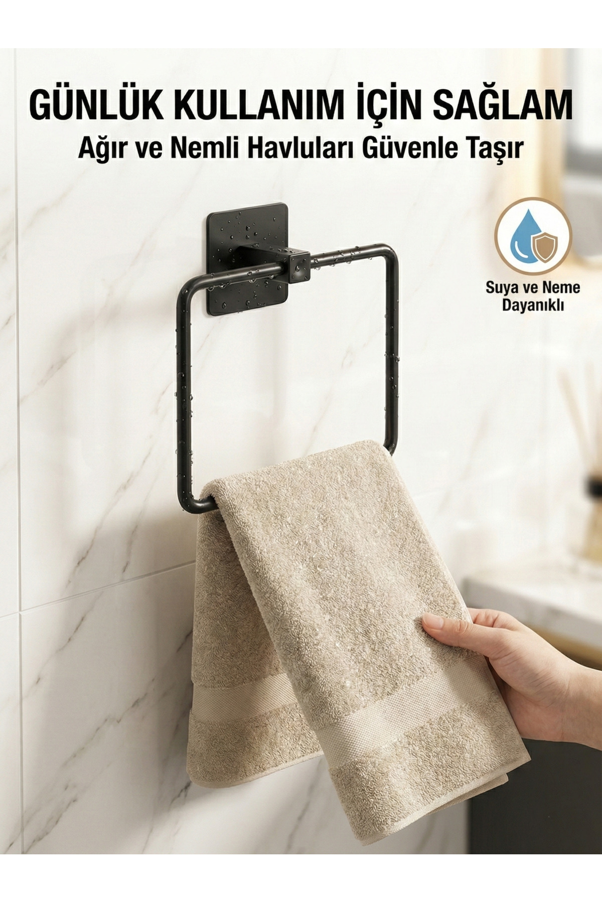 Siyah Yapışkanlı Kare Havluluk 18x18 cm - Delmeden Montaj Banyo H