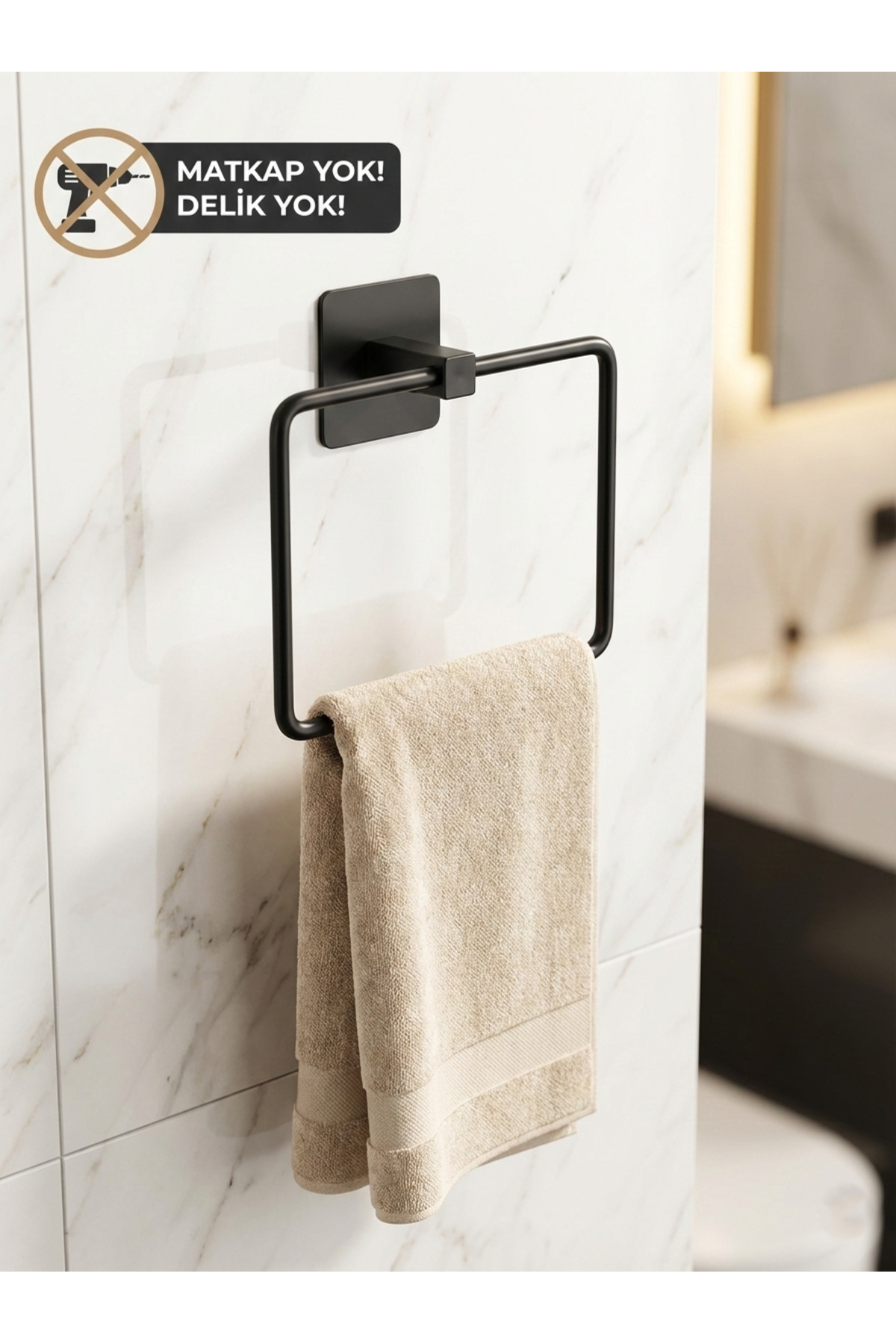 Siyah Yapışkanlı Kare Havluluk 18x18 cm - Delmeden Montaj Banyo H
