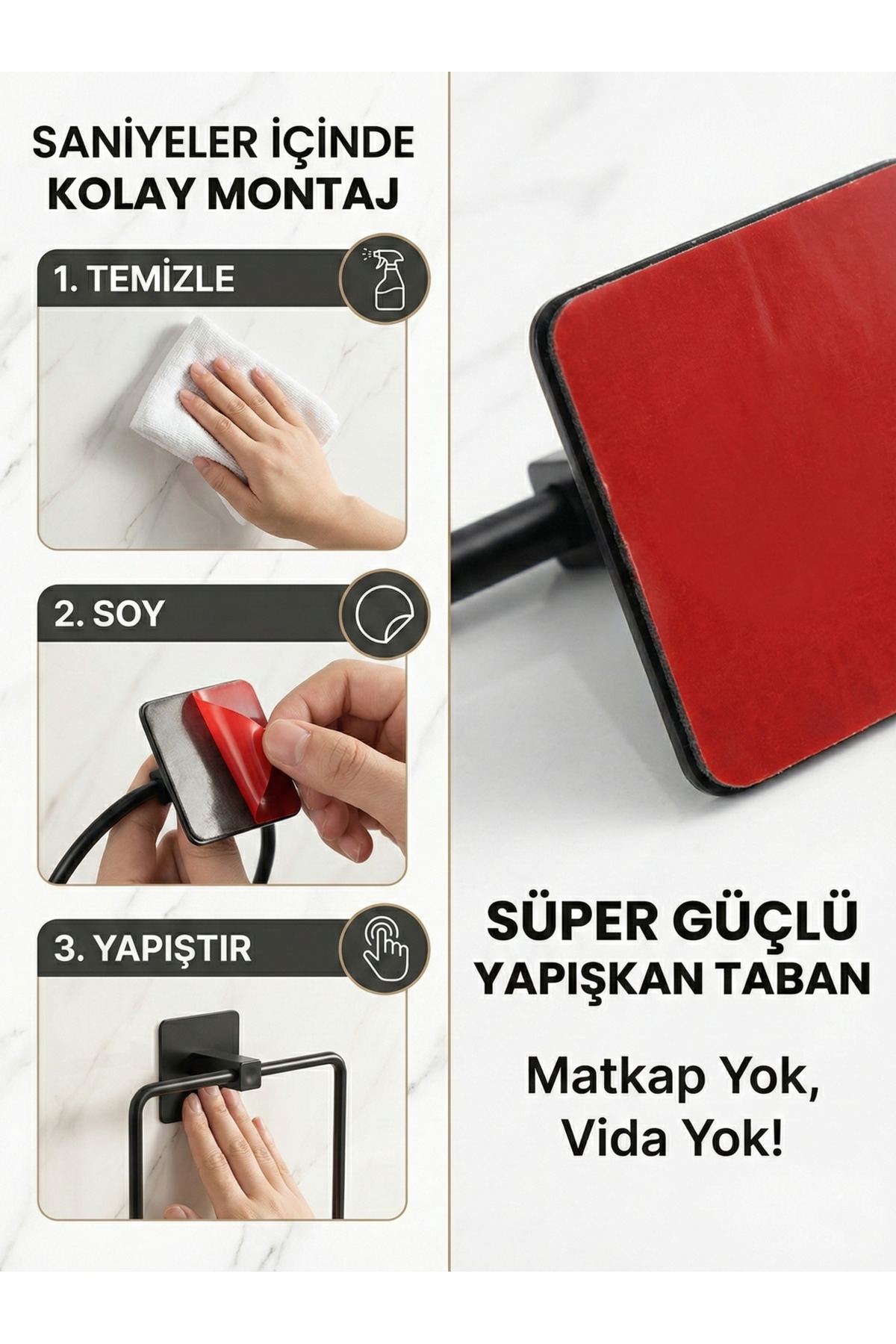 Siyah Yapışkanlı Kare Havluluk 18x18 cm - Delmeden Montaj Banyo H