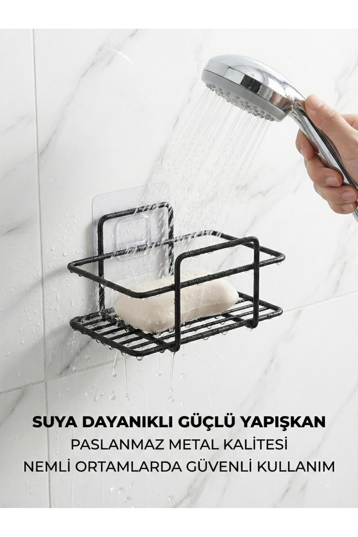 Siyah Yapışkanlı Katı Sabunluk - Delmeden Montaj Paslanmaz Metal 