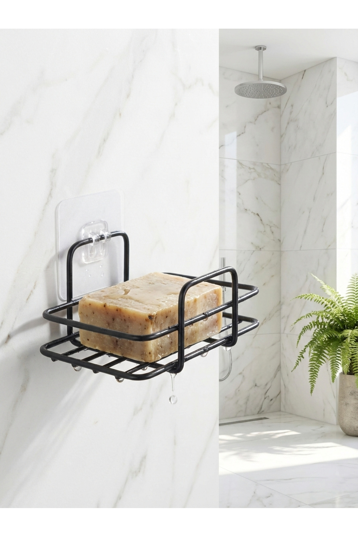 Siyah Yapışkanlı Katı Sabunluk - Delmeden Montaj Paslanmaz Metal 