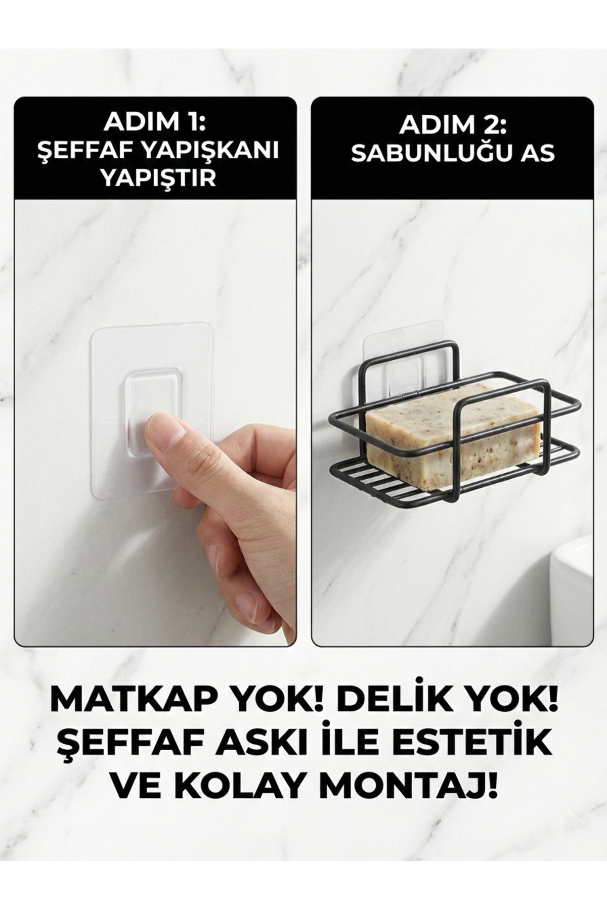 Siyah Yapışkanlı Katı Sabunluk - Delmeden Montaj Paslanmaz Metal 
