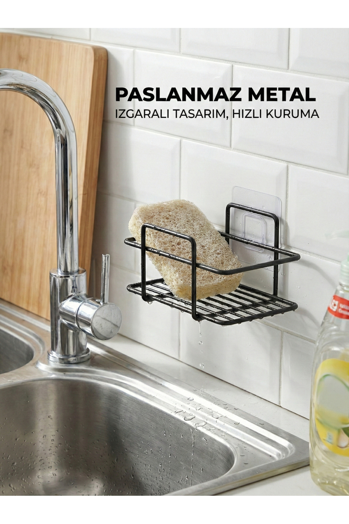 Siyah Yapışkanlı Katı Sabunluk - Delmeden Montaj Paslanmaz Metal 