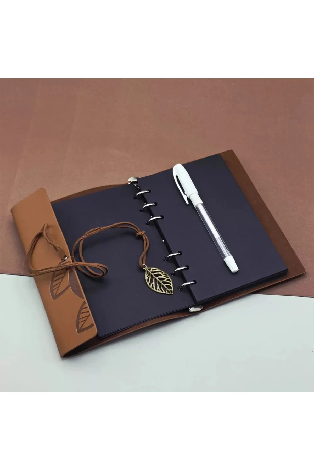 Siyah Yapraklı Deri Defter Ve Beyaz Jel Kalem Seti