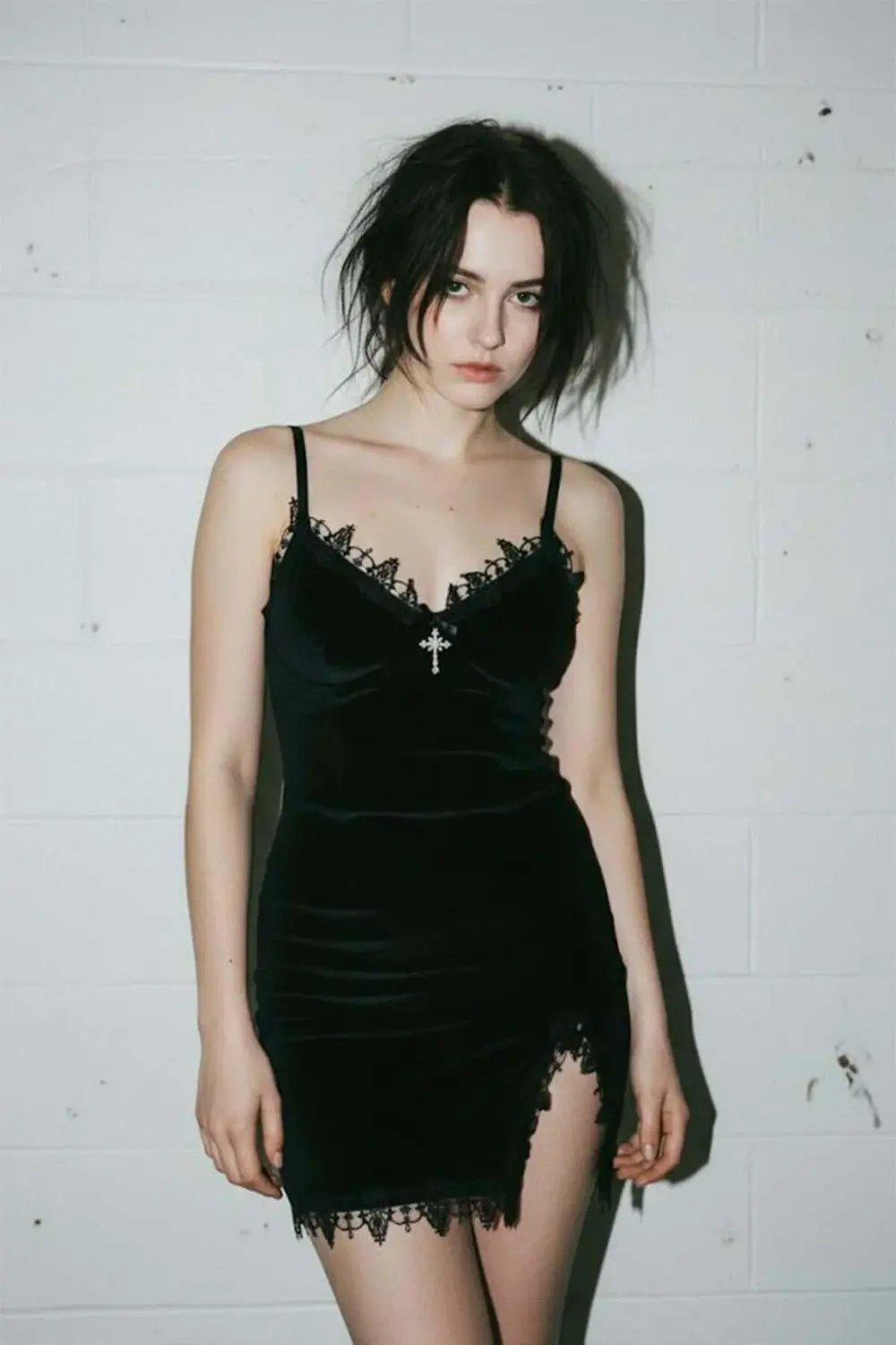 Siyah Yeni Gotik Haç Kolyeli Yırtmaç Detaylı Askılı Elbise