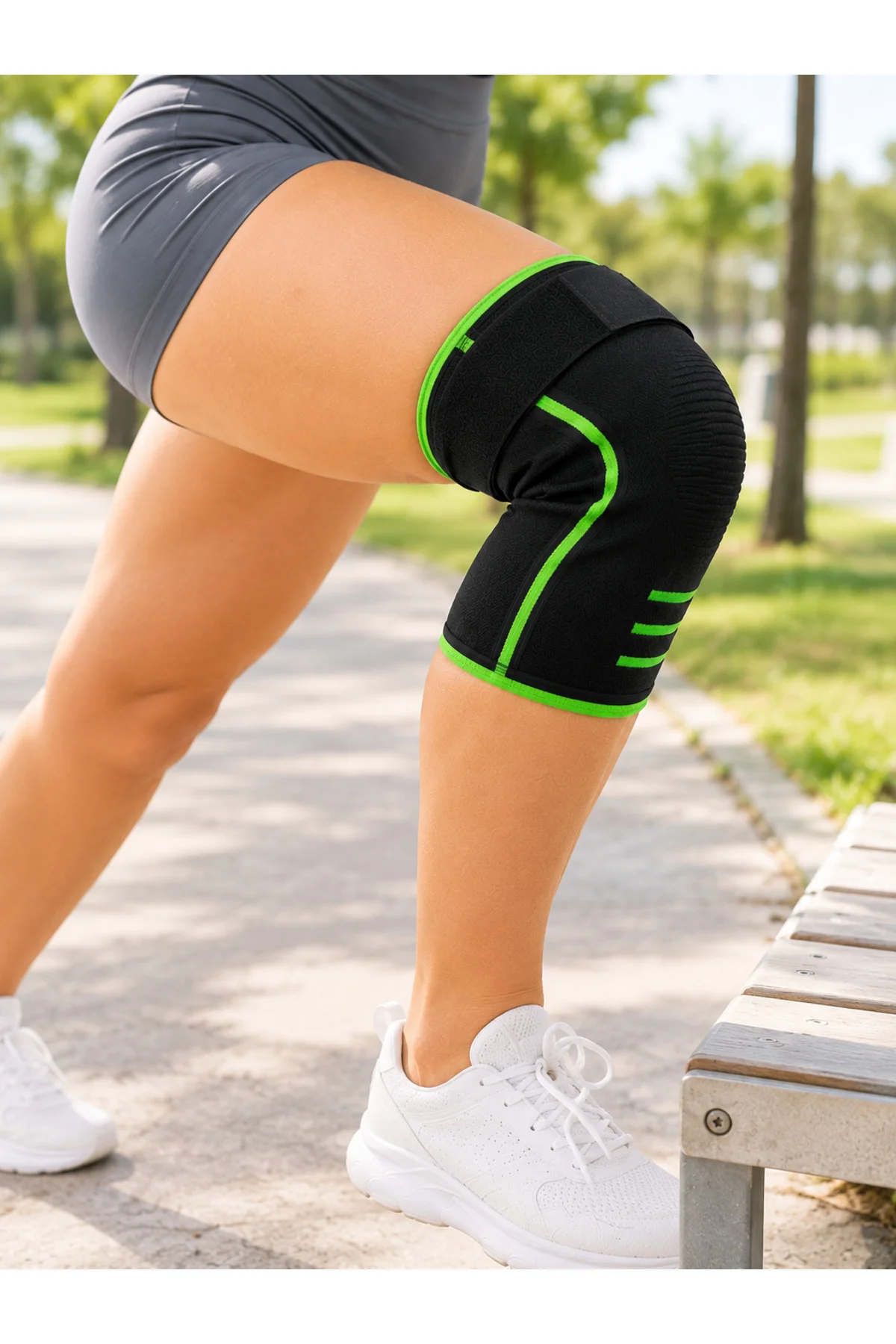 Siyah Yeşil Spor Dizlik Ayarlanabilir Destek Bantlı Nefes Alabilen Örme - Görsel 4
