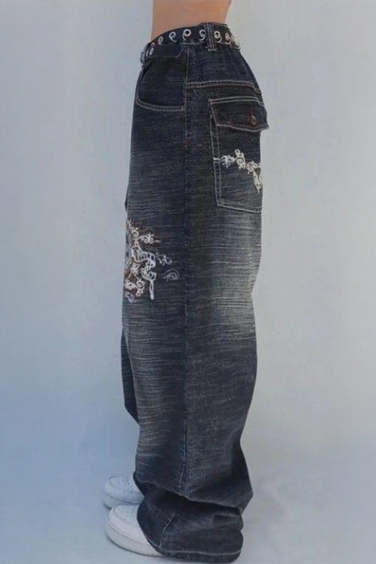 Siyah Yıkamalı P Patchli Vintage Baggy Y2K Pantolon Siyah Yıkamalı P Patchli Vintage Baggy Y2K Pantolon