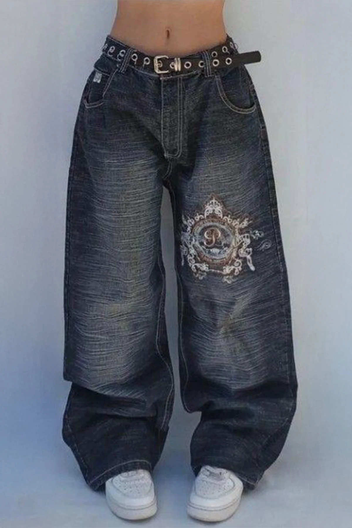 Siyah Yıkamalı P Patchli Vintage Baggy Y2K Pantolon Siyah Yıkamalı P Patchli Vintage Baggy Y2K Pantolon