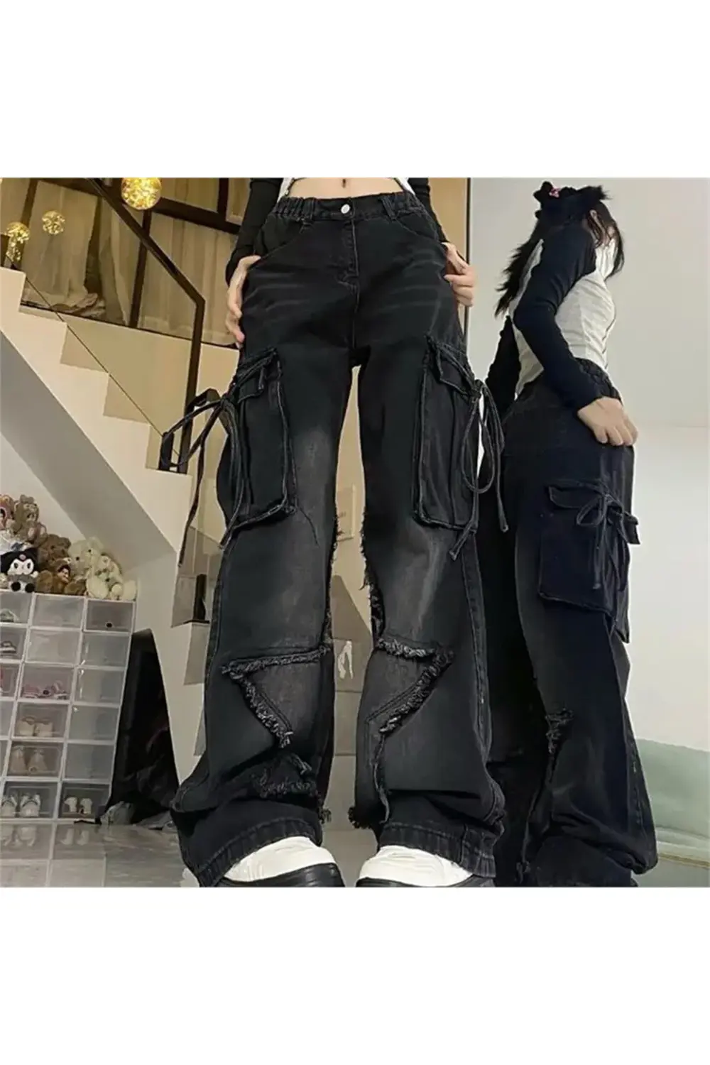 Siyah Yıldız Yamalı Vintage Kargo Cepli Baggy Kot Pantolon