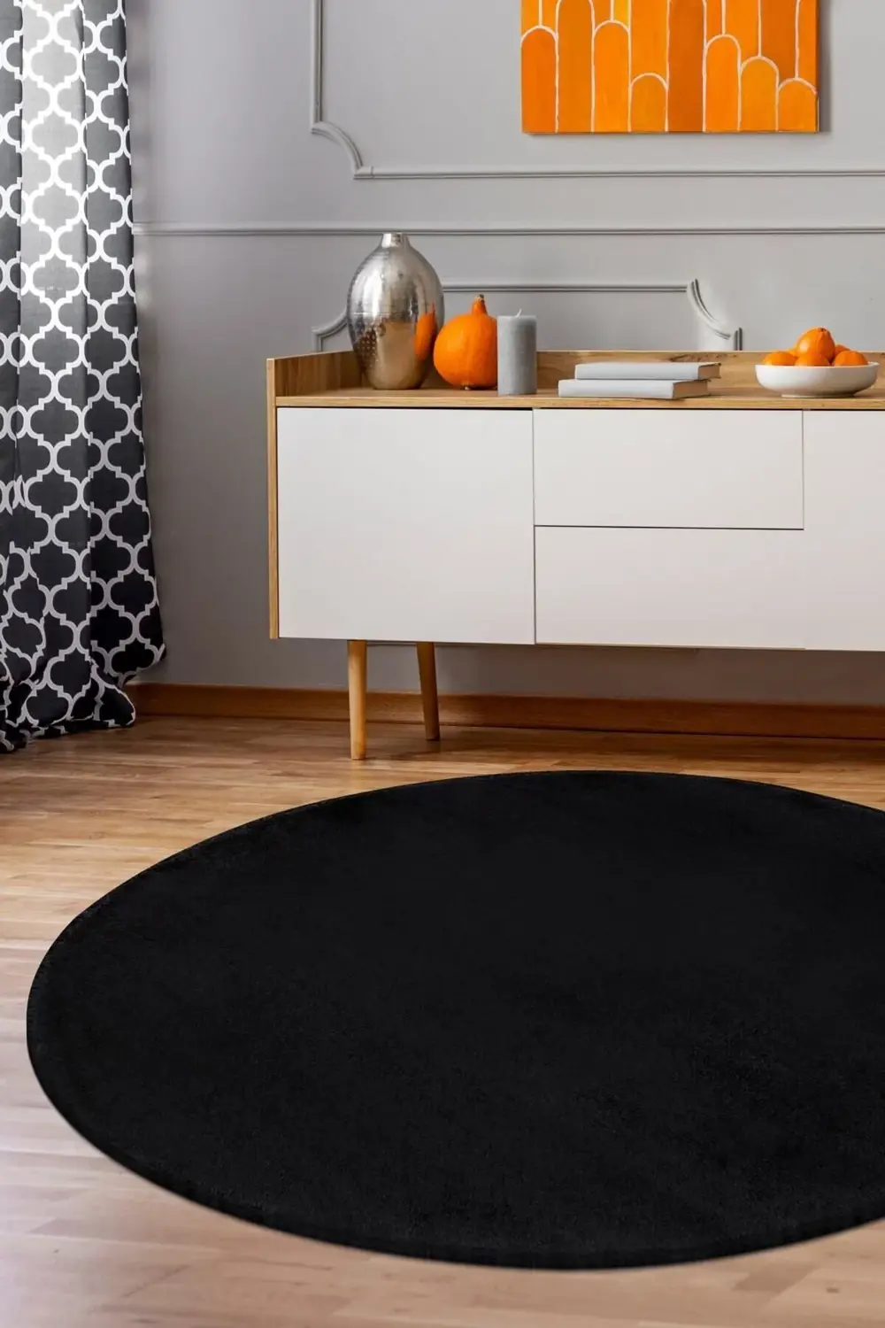 Siyah Yuvarlak Post Dokuma Halı Peluş Yumuşacık Kaymaz Antibakter
