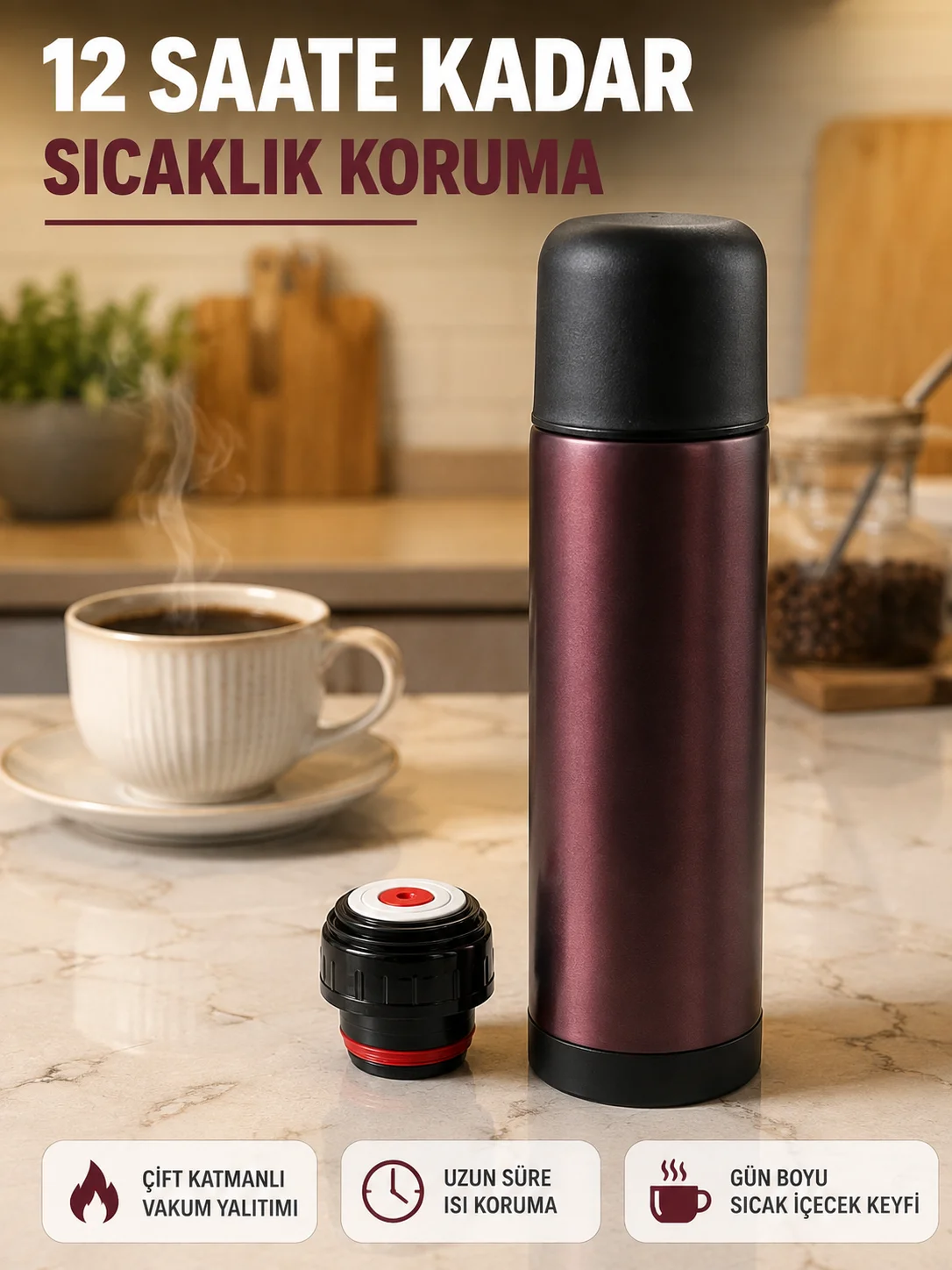 Sızdırmaz Kapaklı Vakumlu Termos Uzun Süre Sıcak Soğuk Tutan Termos
