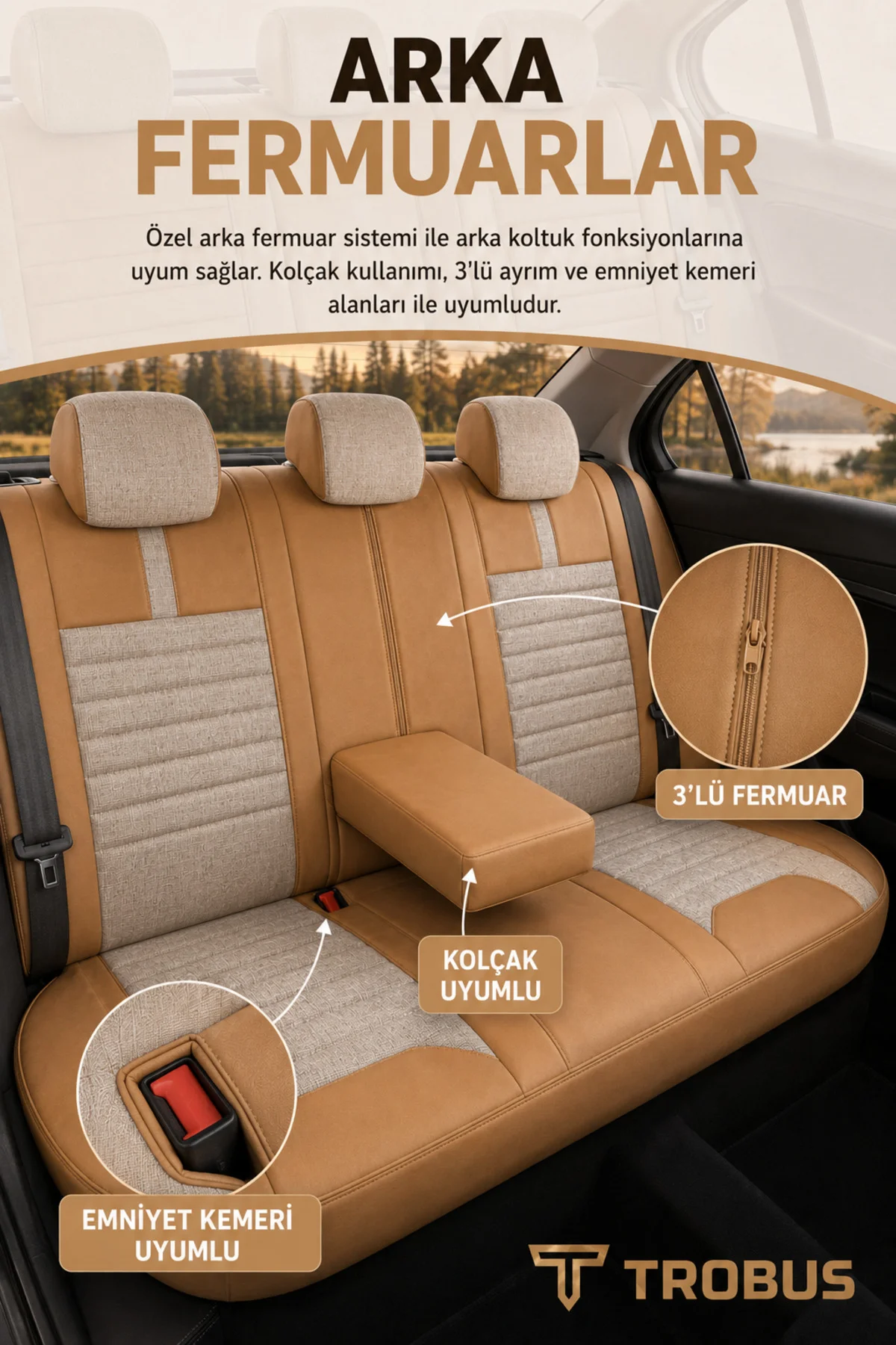 Skoda Fabia 2007+ Uyumlu Apex Linen Bel Destekli Keten Bej Taba Koltuk Kılıfı
