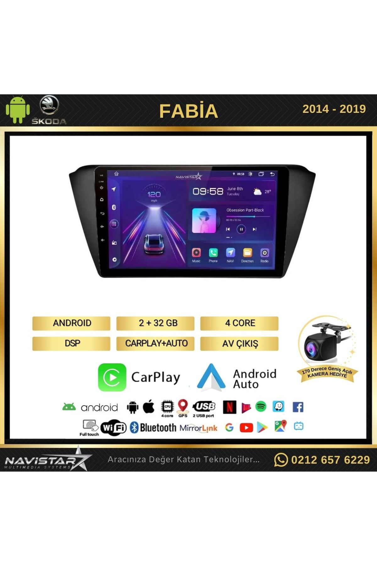 Skoda Fabia 2014-2019 Model 2 64gb Android 13 Kablosuz Carplay Na