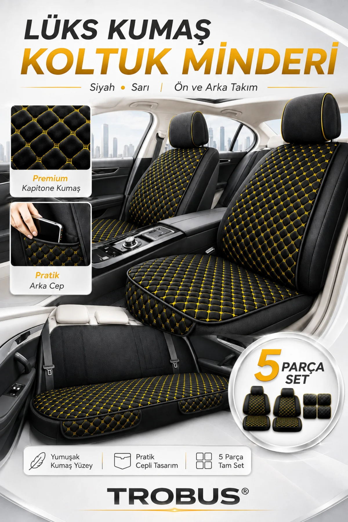Skoda Kamic 2019 ve Sonrası Uyumlu 5 Parca Terletmez Oto Koltuk Minderi Siyah Sarı Fiyatı, Yorumları ve Özellikleri