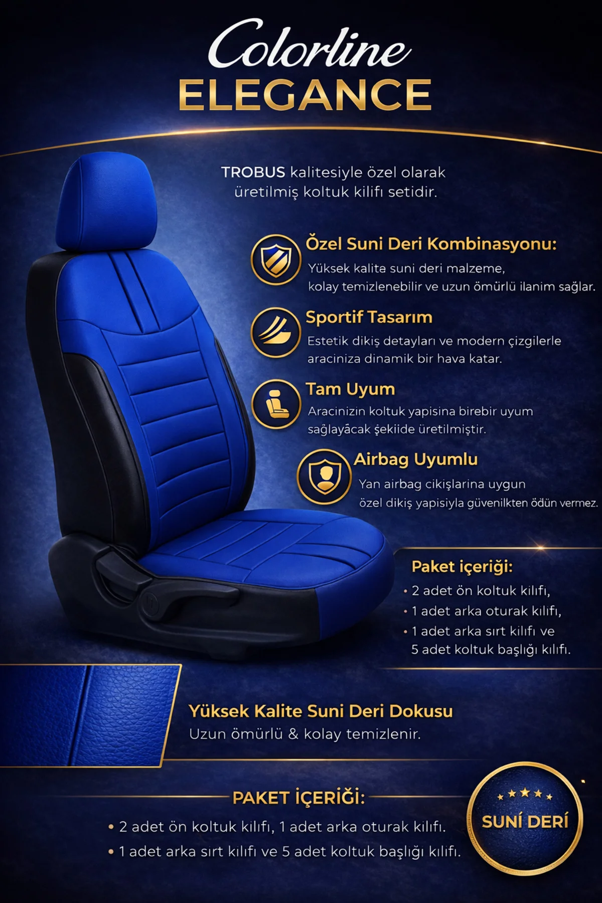 Skoda Kamiq 2019 ve Sonrası Uyumlu Colorline Elegance Deri Mavi Siyah Koltuk Kılıfı