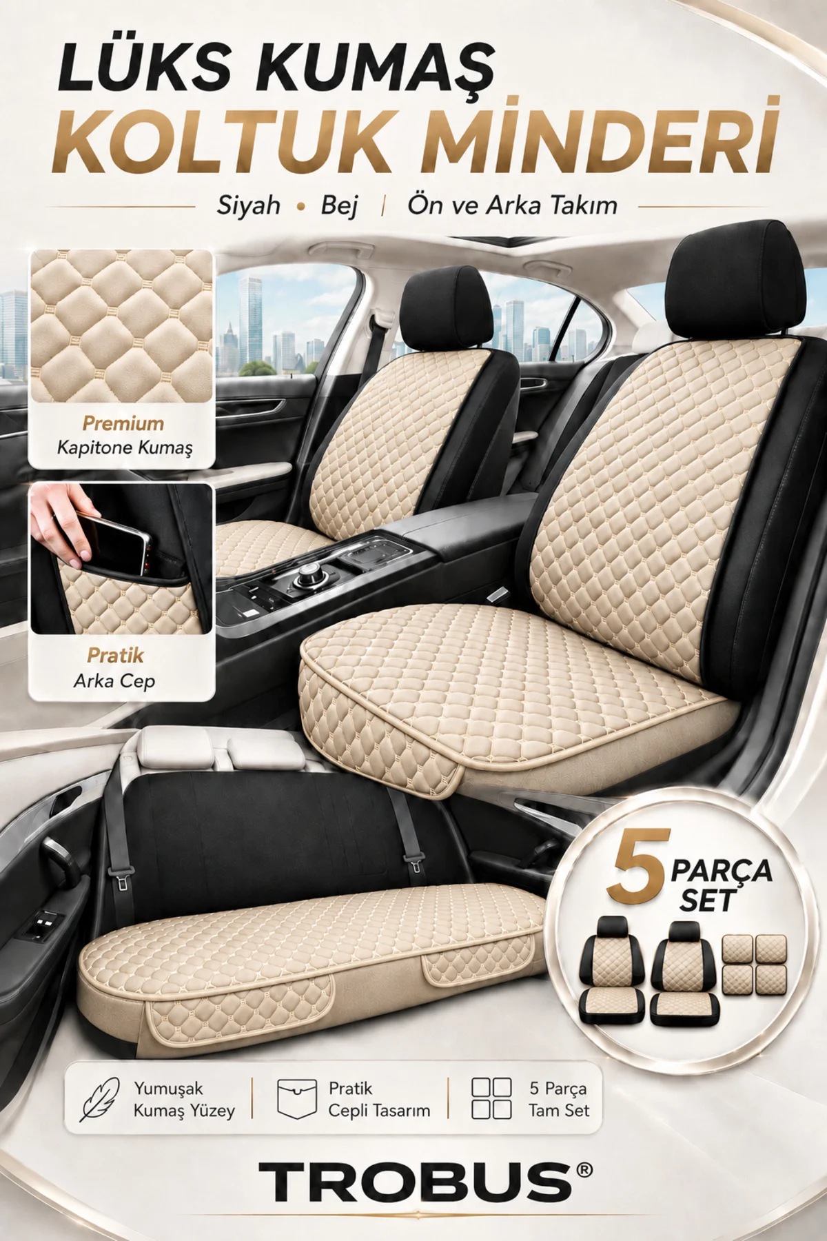 Skoda KAROQ 2019 Uyumlu 5 Parça Terletmez Kumaş Koltuk Minderi Bej Fiyatı, Yorumları ve Özellikleri