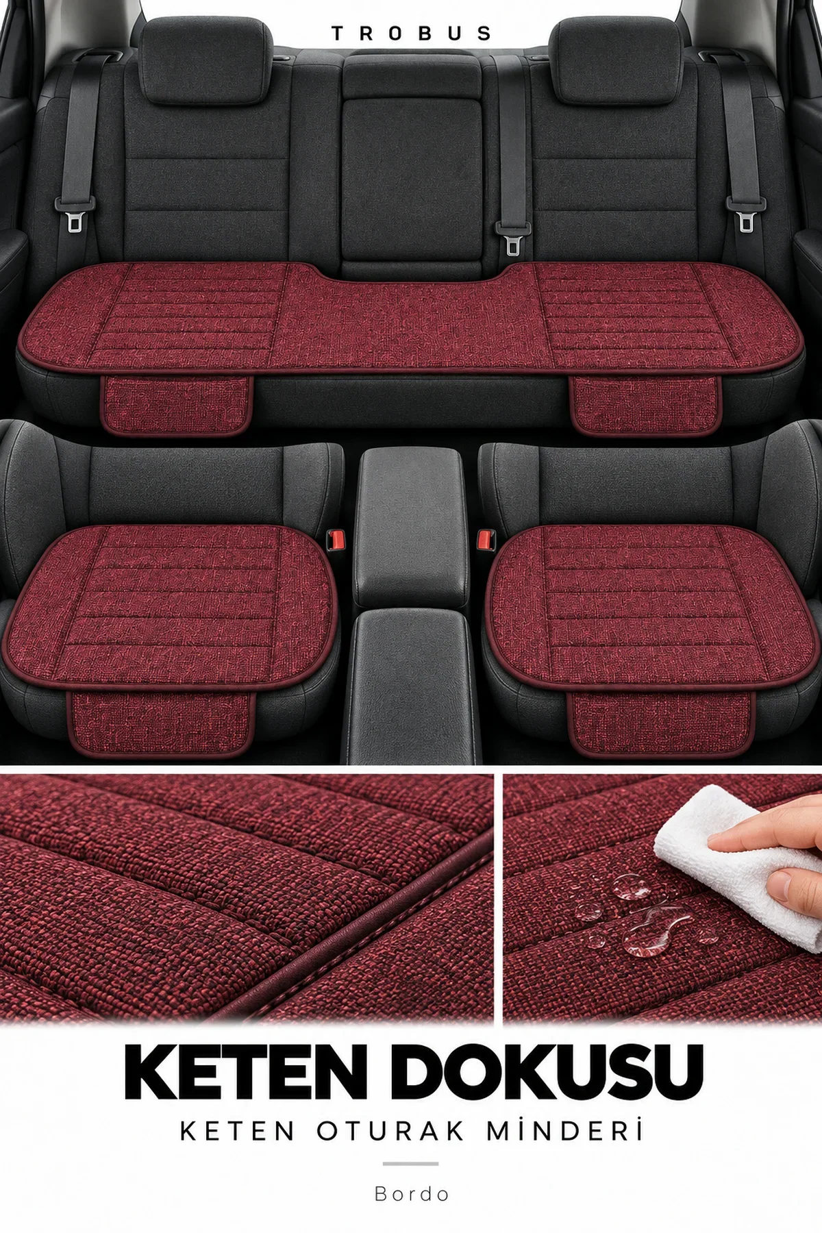 Skoda Octavia 2004+ Çizgili Keten 3'lü Oturak Minderi Bordo - Görsel 7