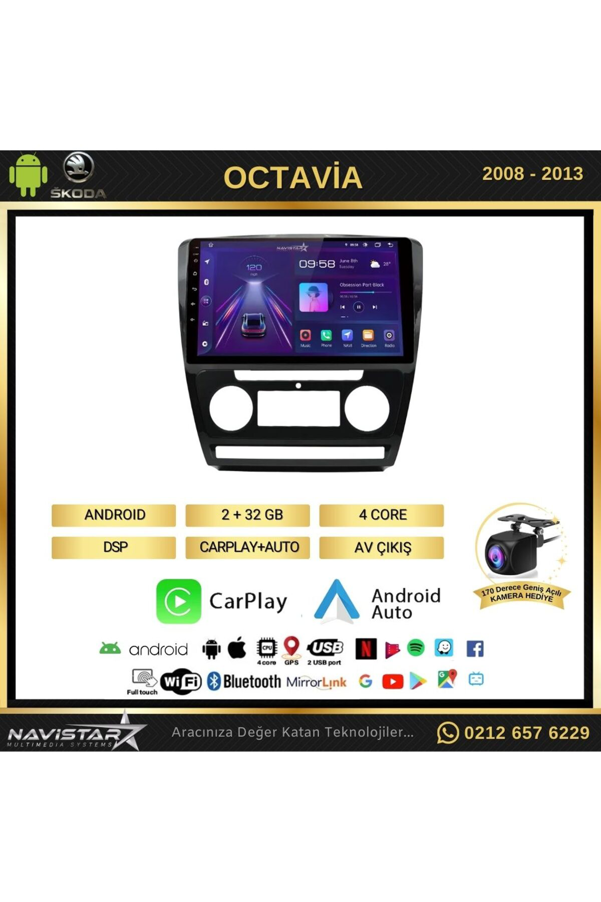 Skoda Octavia 2008-2013 Model 2 64gb Android 13 Kablosuz Carplay 