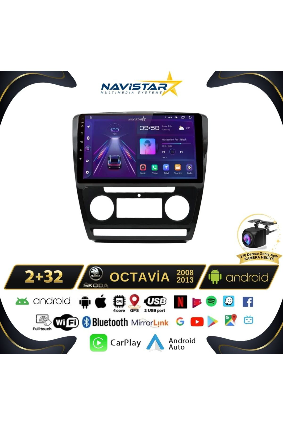 Skoda Octavia 2008-2013 Model 2 64gb Android 13 Kablosuz Carplay 