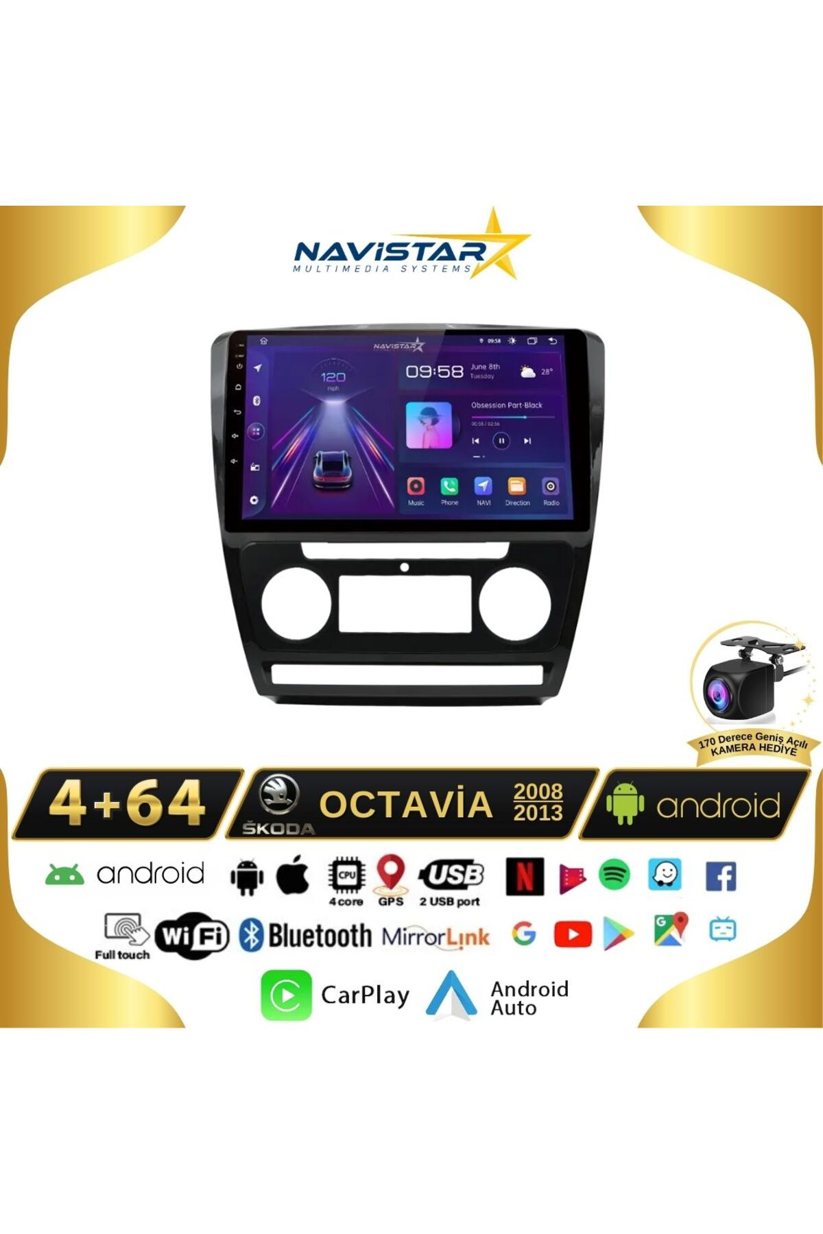 Skoda Octavia 2008-2013 Model 4gb 64gb Android 13 Kablosuz Carpla