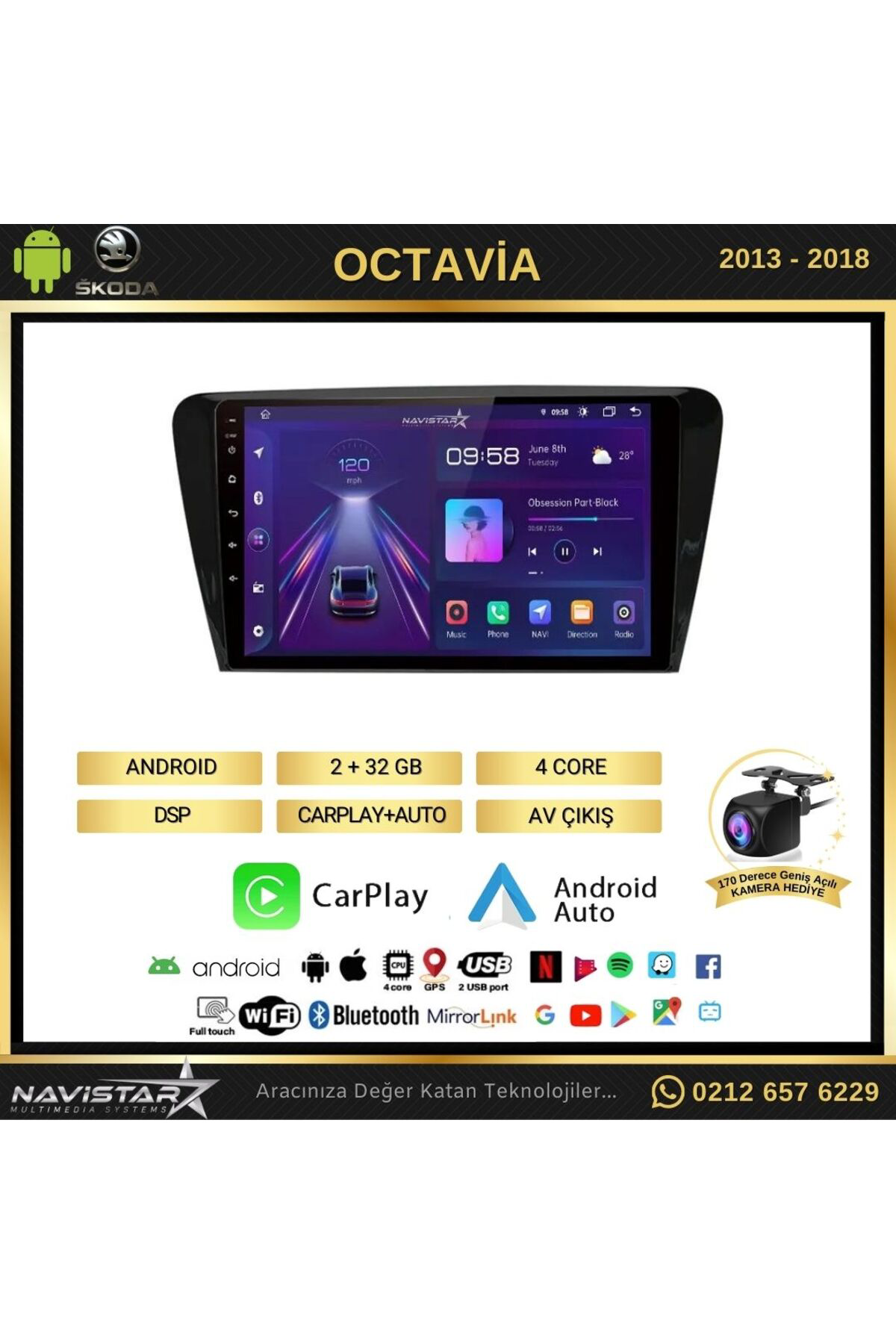 Skoda Octavia 2013-2018 Model 2 64gb Android 13 Kablosuz Carplay 