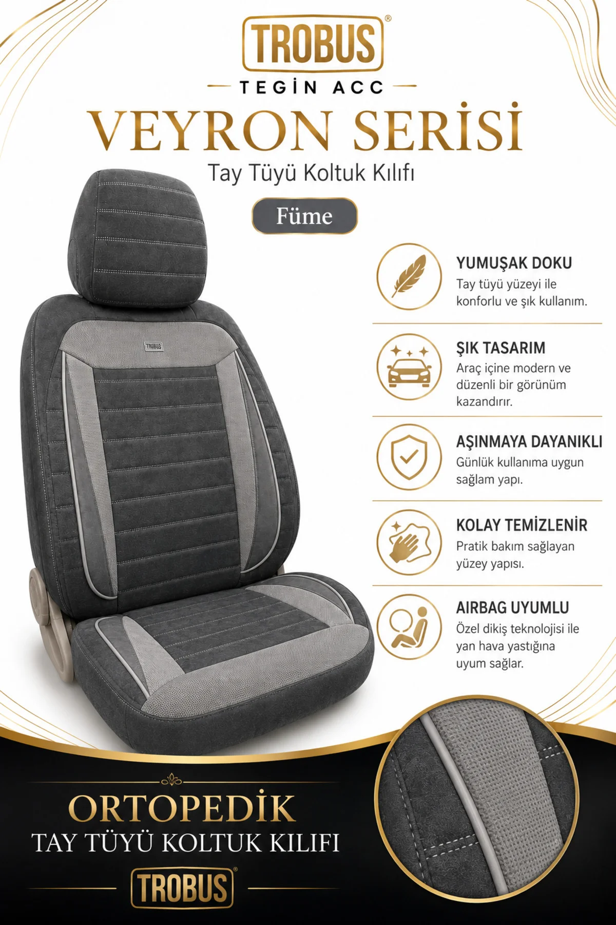 Skoda Rapid 2012 Sonrası Uyumlu Veyron Serisi Füme Tay Tüyü Koltuk Kılıfı
