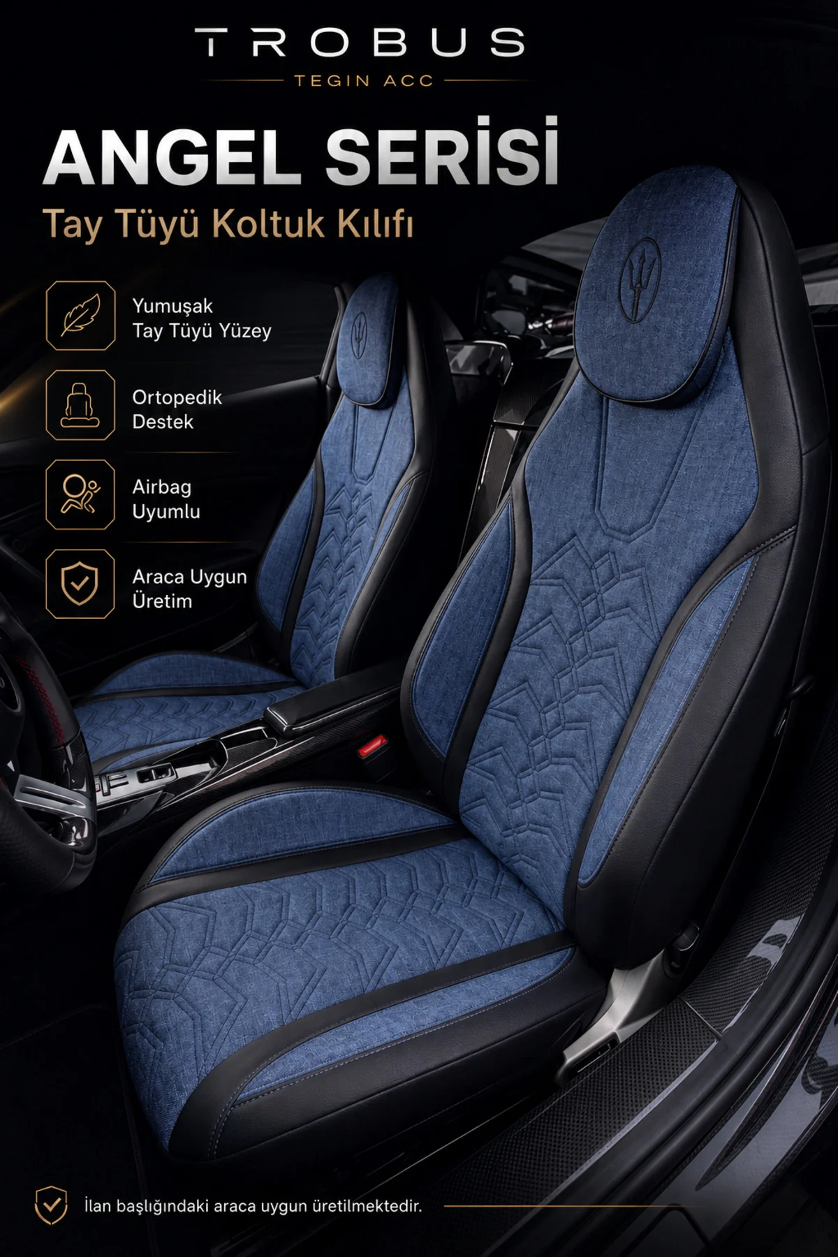 Skoda Rapid 2012 ve Sonrası Uyumlu Angel Serisi Tay Tüyü Koltuk Kılıfı Mavi Siyah