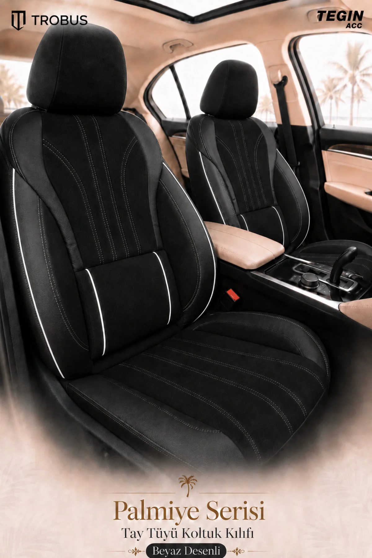 Skoda Superb 2008-2015 Uyumlu Palmiye Serisi Siyah Beyaz Bel Destekli Tay Tüyü Koltuk Kılıfı