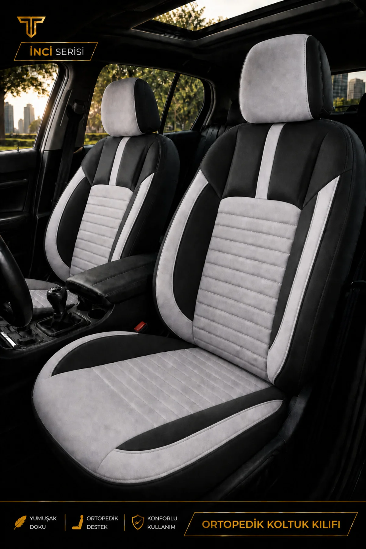 Skoda Superb 2008-2015 Uyumlu İnci Serisi Tay Tüyü Gri Siyah Premium Koltuk Kılıfı