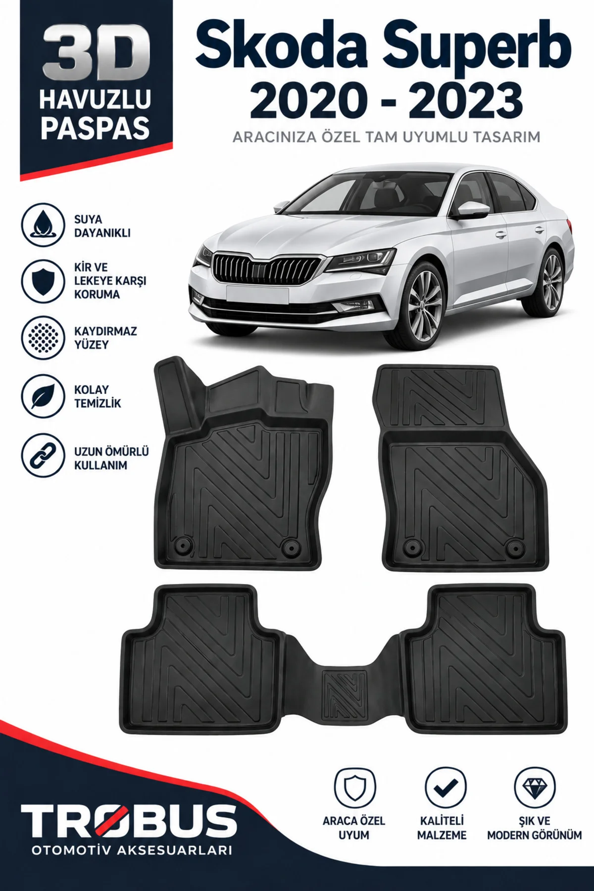 Skoda Superb 2020-2023 Karbon Desenli Premium 3D Havuzlu Oto Paspas