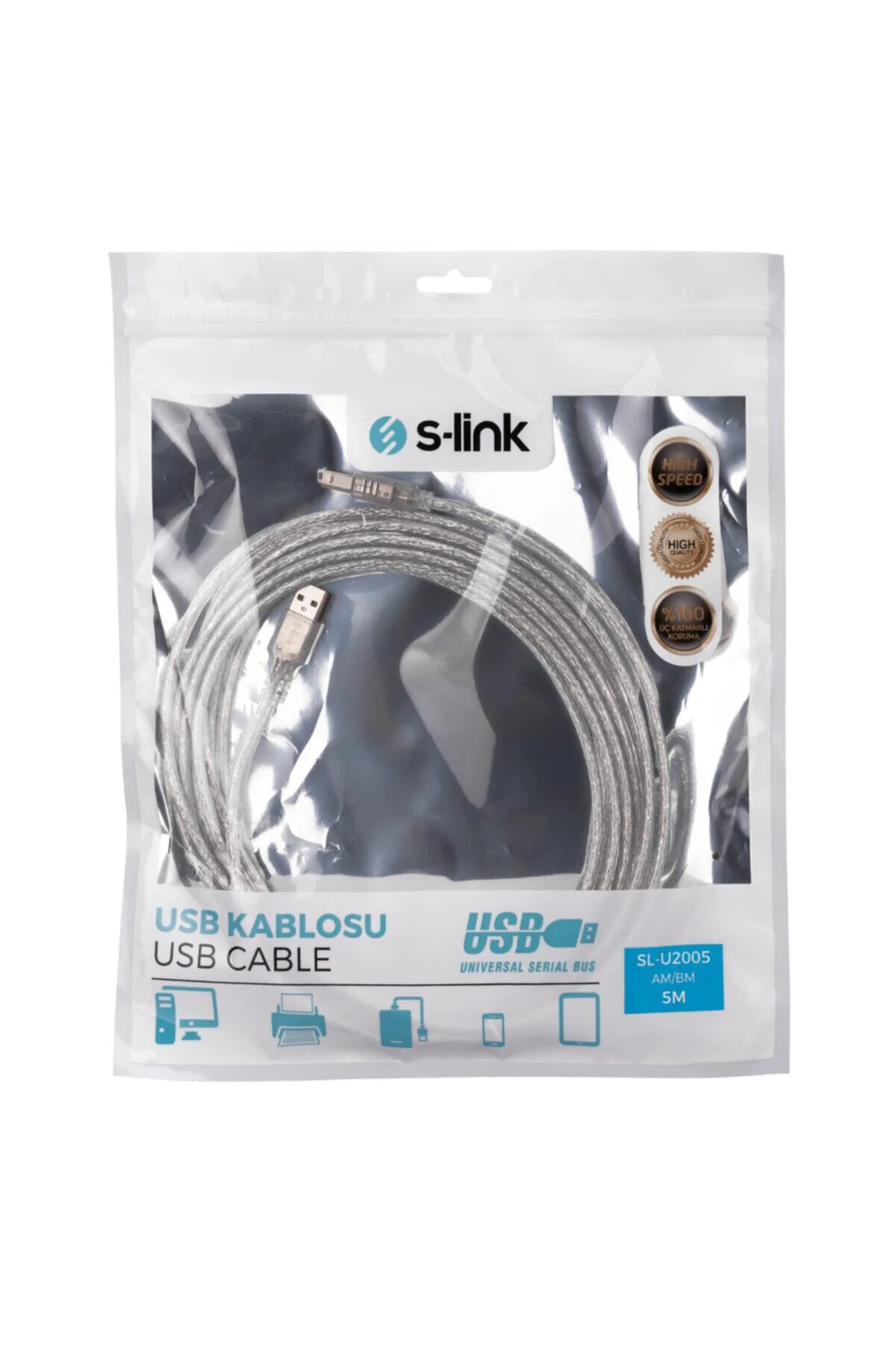 Sl-u2005 Usb2.0 5m Şeffaf Yazıcı Kablo