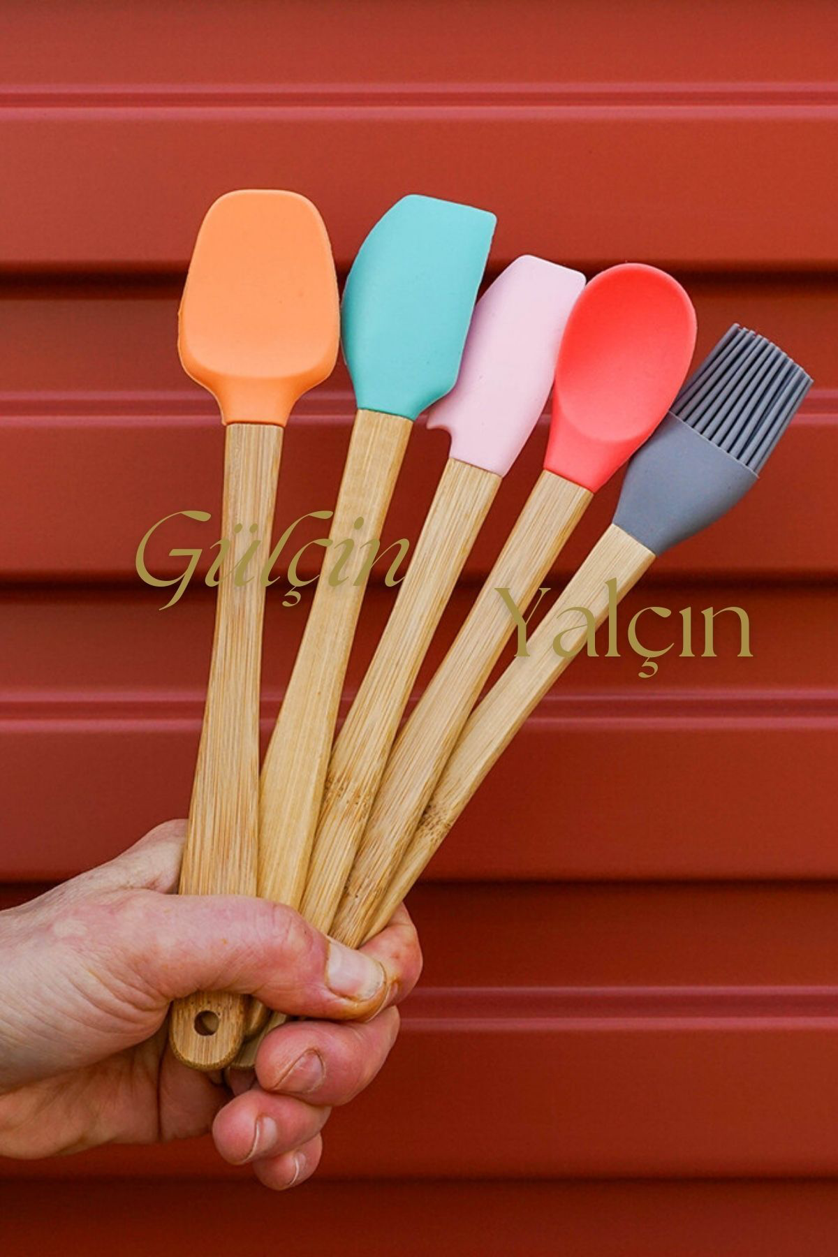Slikon Ahşap Saplı  5'li Pasta Hazırlama Seti Spatula Yağ Fırçası
