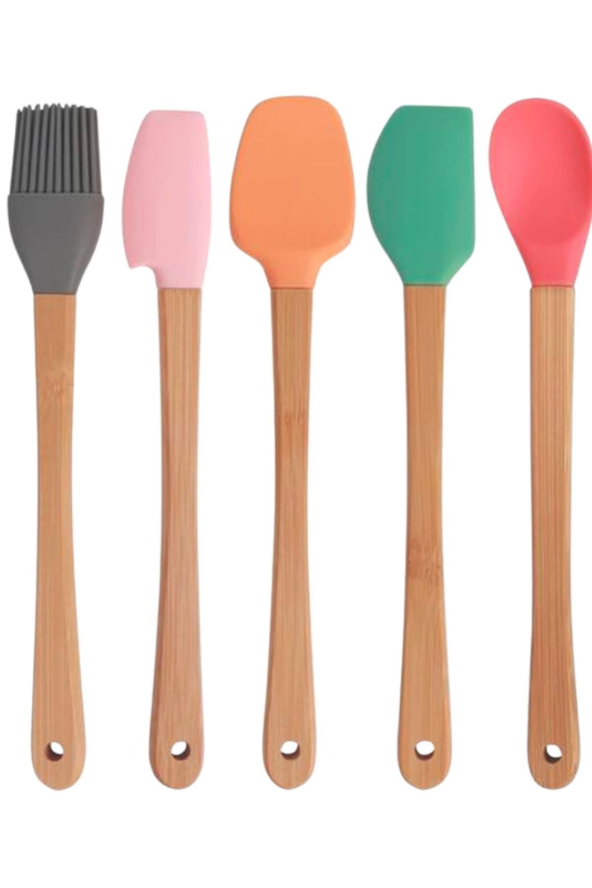Slikon Ahşap Saplı  5'li Pasta Hazırlama Seti Spatula Yağ Fırçası