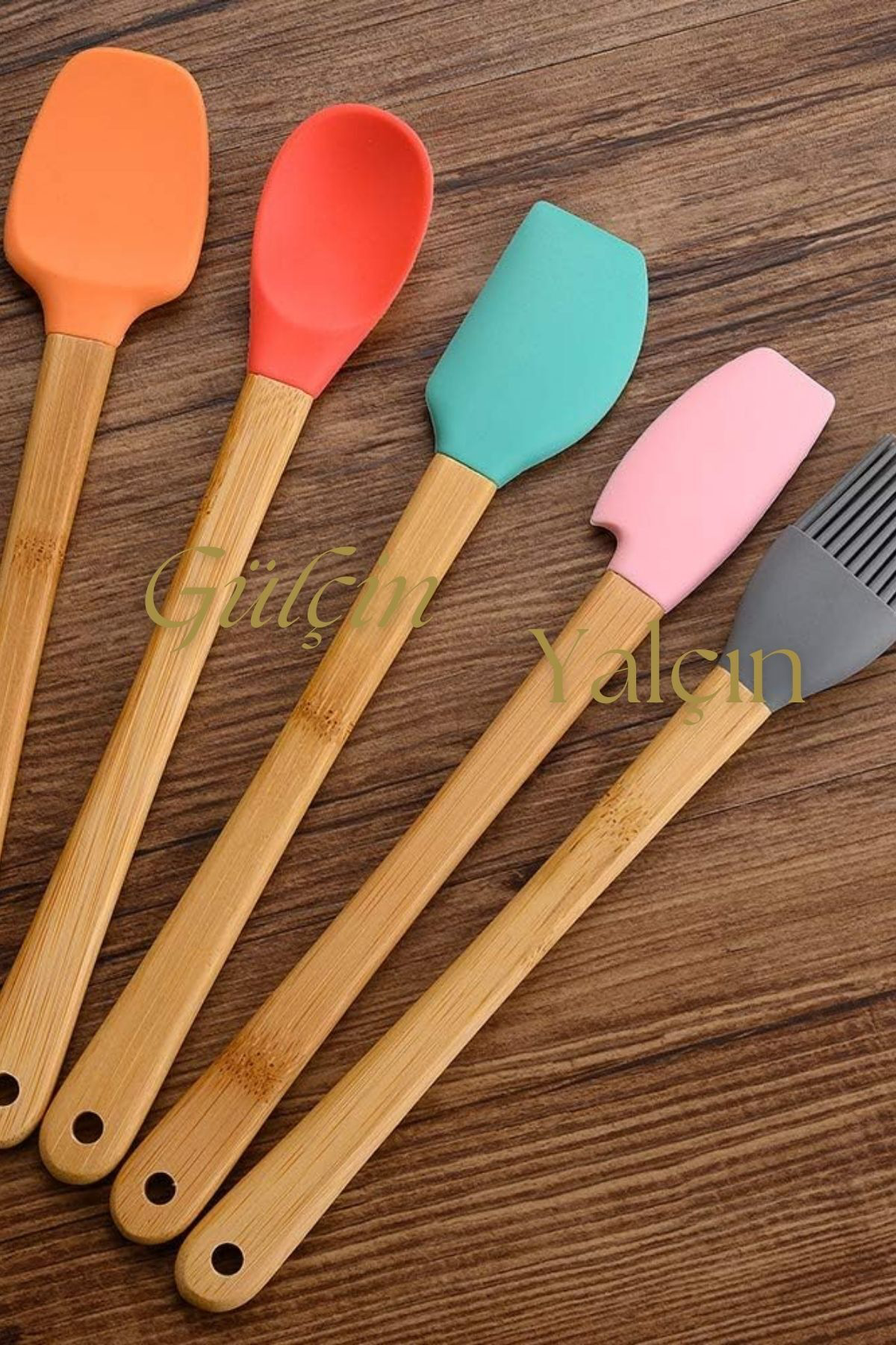 Slikon Ahşap Saplı  5'li Pasta Hazırlama Seti Spatula Yağ Fırçası