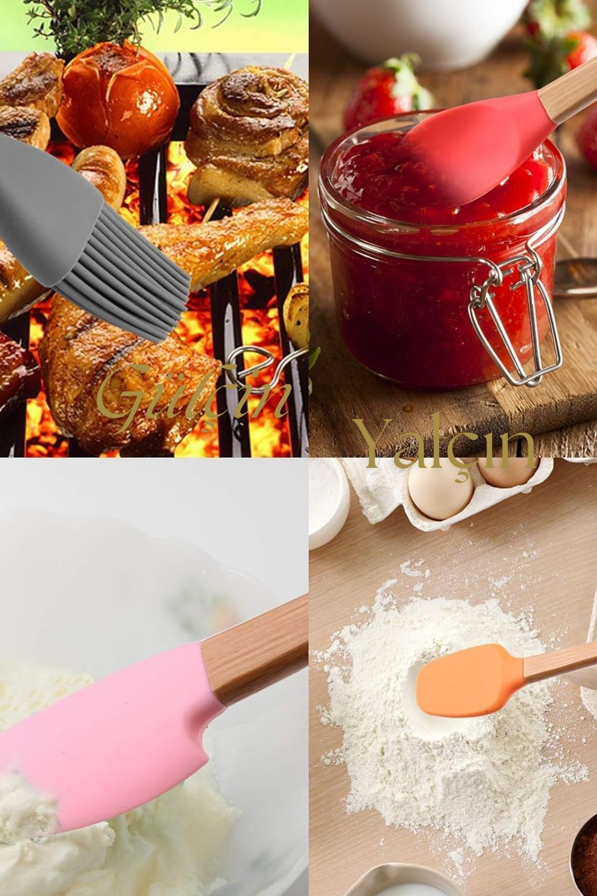 Slikon Ahşap Saplı  5'li Pasta Hazırlama Seti Spatula Yağ Fırçası