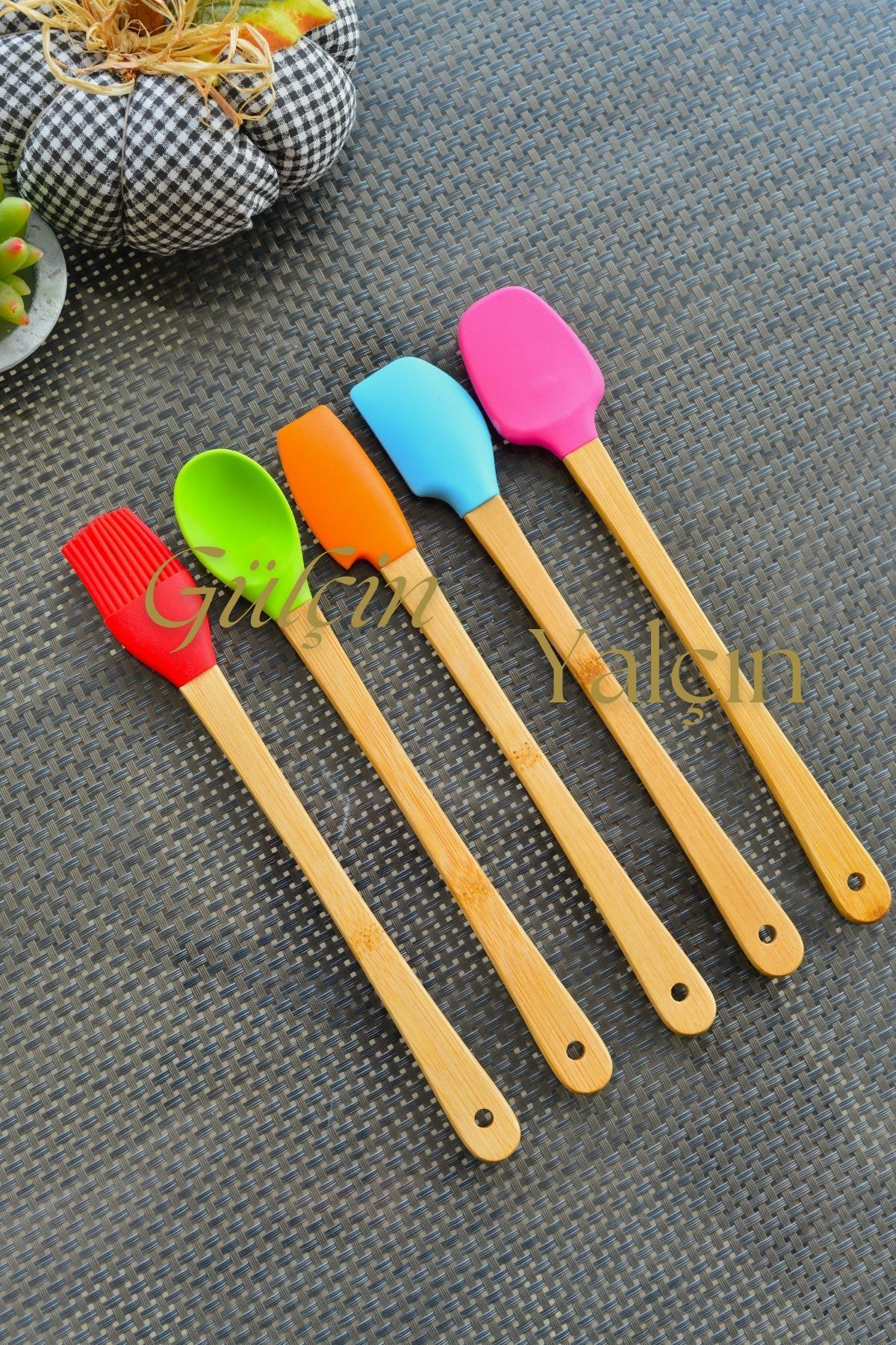 Slikon Ahşap Saplı  5'li Pasta Hazırlama Seti Spatula Yağ Fırçası