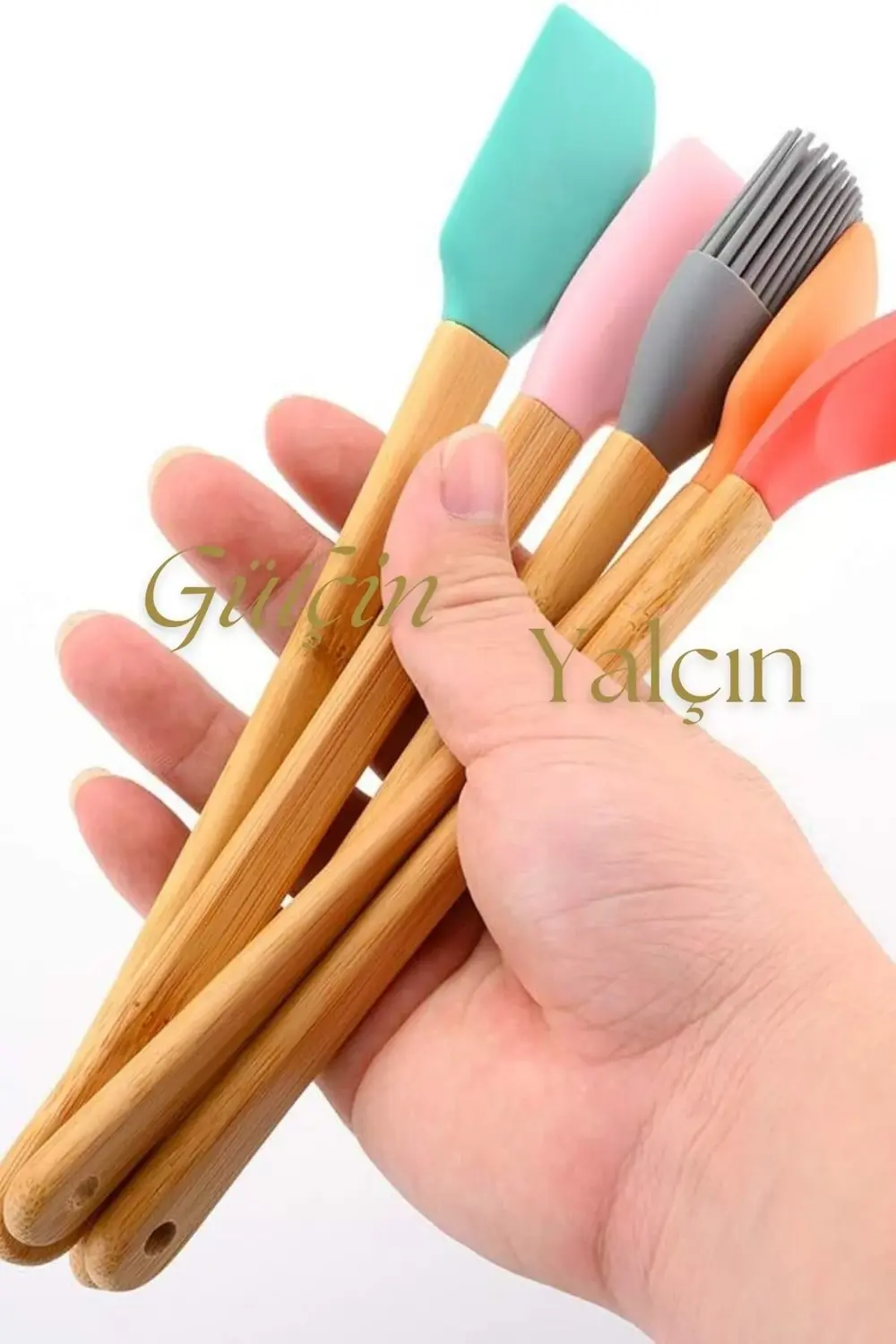 Slikon Ahşap Saplı  5'li Pasta Hazırlama Seti Spatula Yağ Fırçası