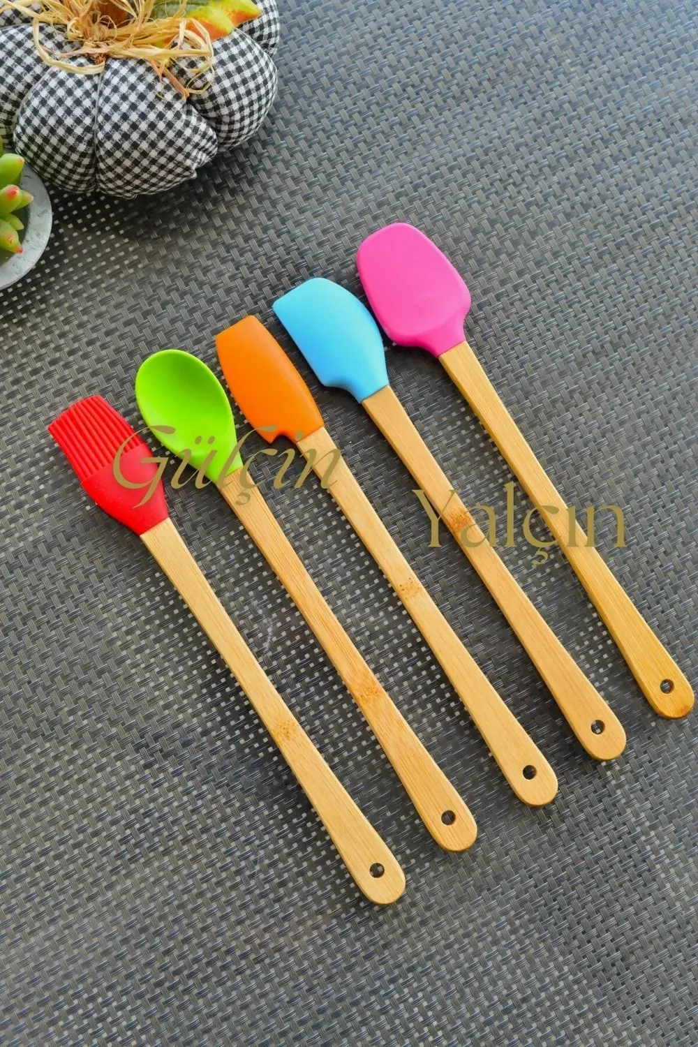 Slikon Ahşap Saplı  5'li Pasta Hazırlama Seti Spatula Yağ Fırçası