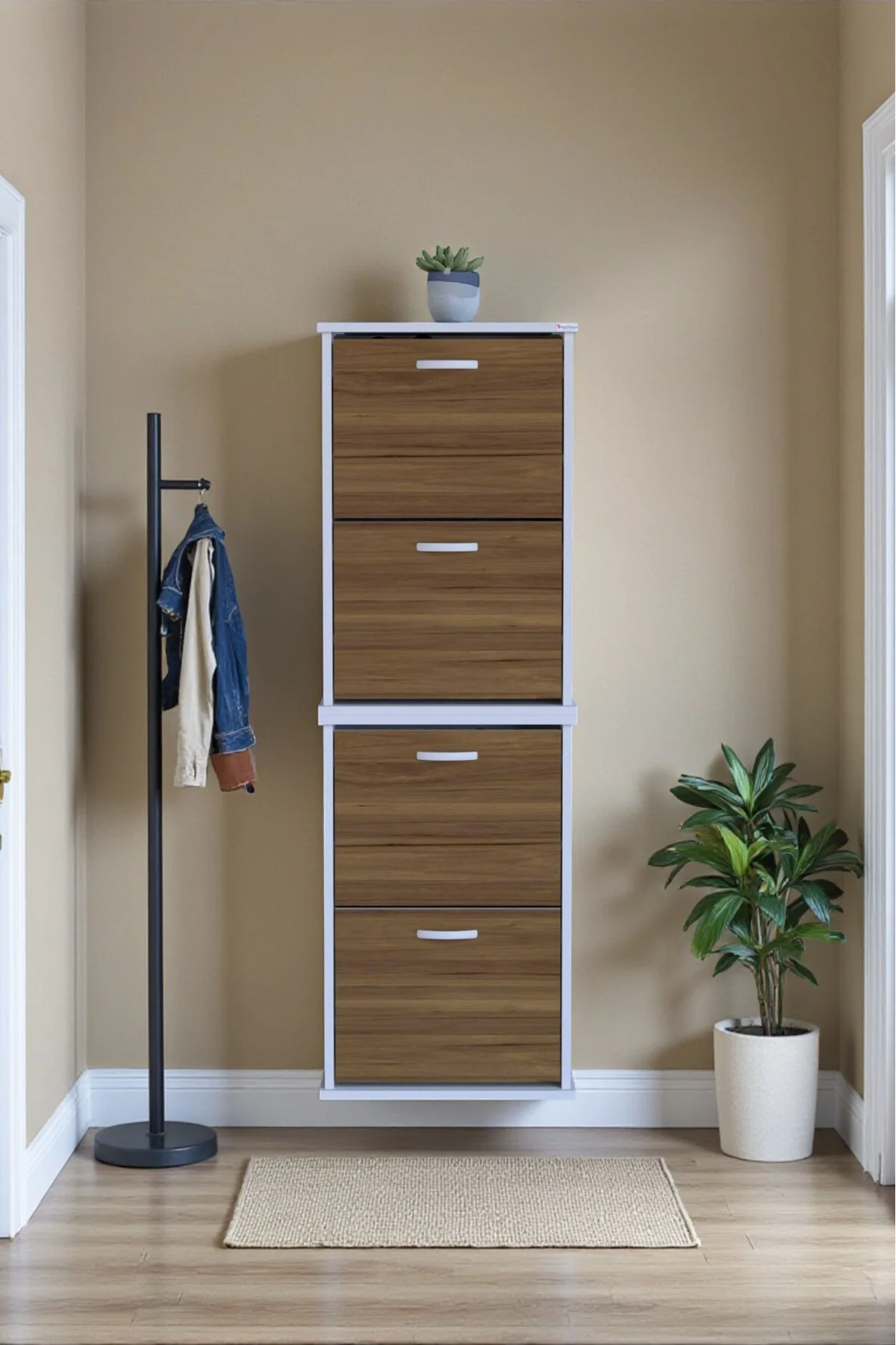 Slim 4 Düşer Kapaklı 52 cm Ceviz Asma Ayakkabılık Kapı Önü/Antre 