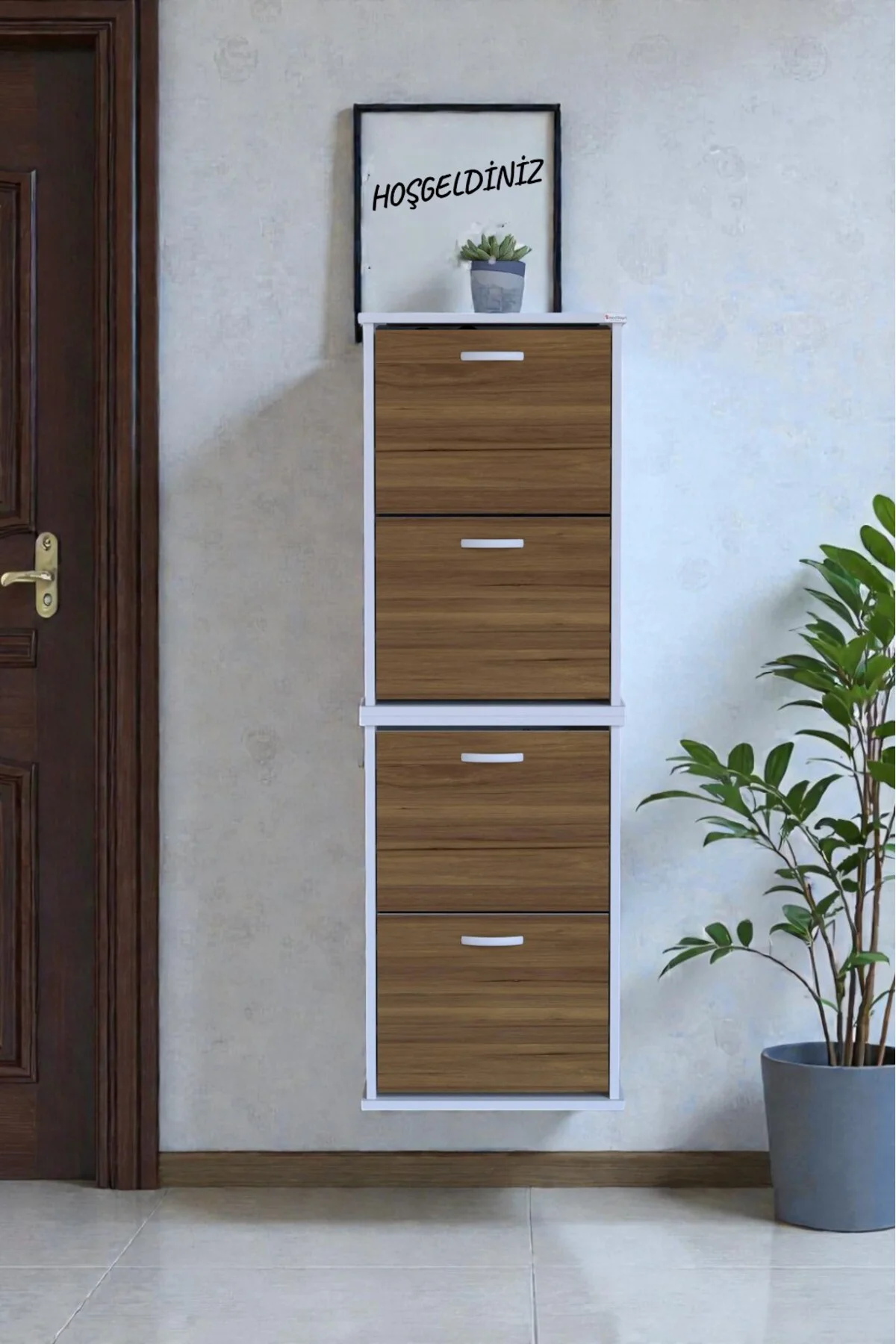 Slim 4 Düşer Kapaklı 52 cm Ceviz Asma Ayakkabılık Kapı Önü/Antre 