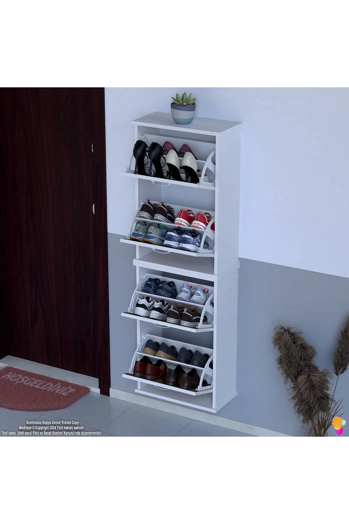 Slim 4 Düşer Kapaklı 52 cm Ceviz Asma Ayakkabılık Kapı Önü/Antre 