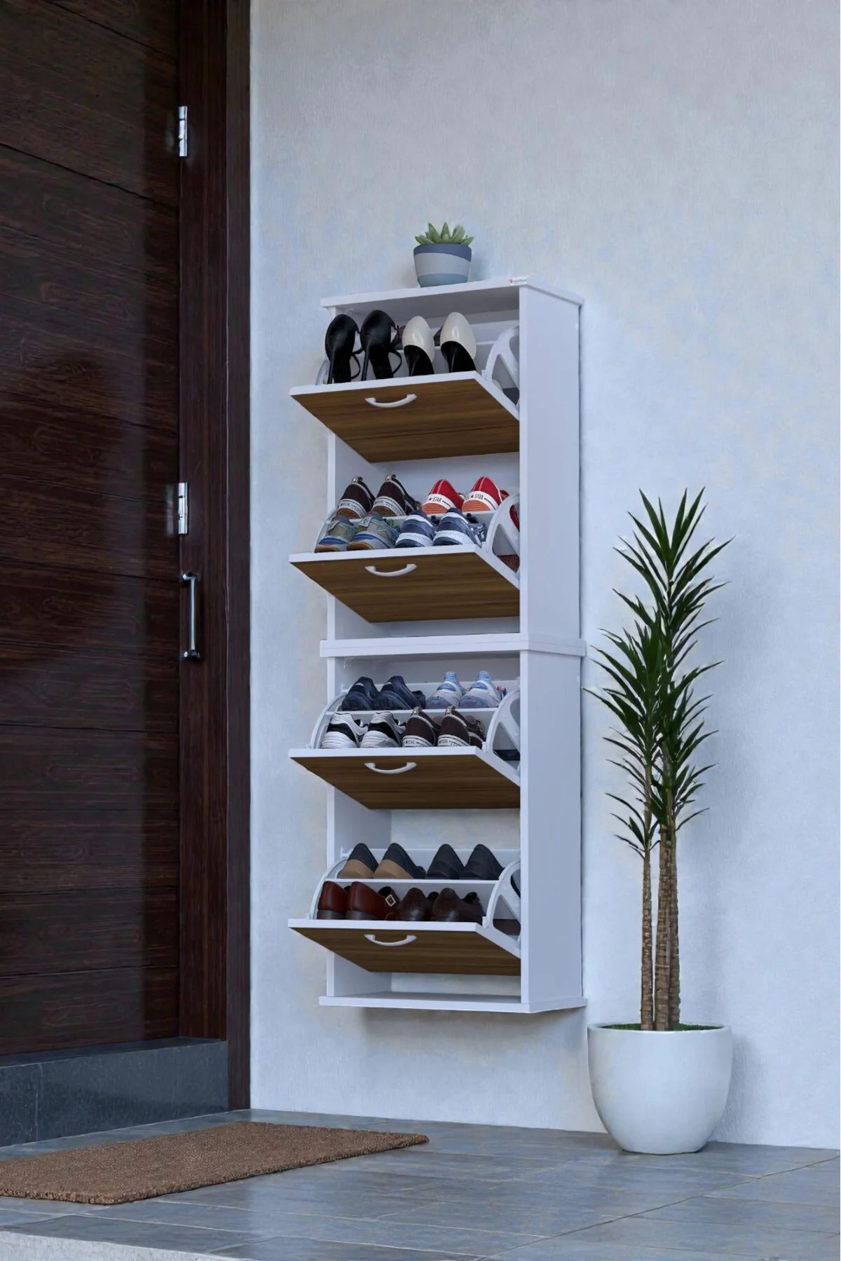 Slim 4 Düşer Kapaklı 52 cm Ceviz Asma Ayakkabılık Kapı Önü/Antre 