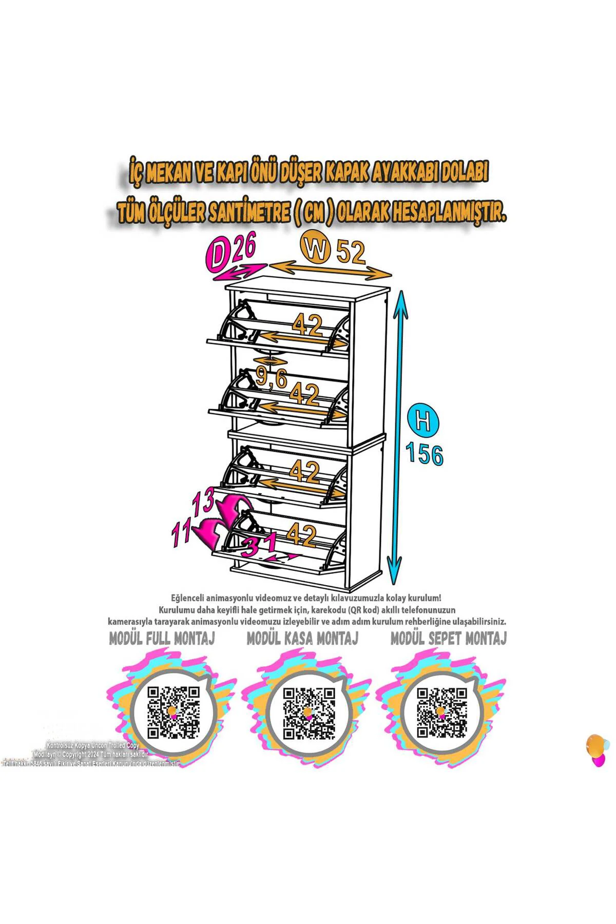 Slim 4 Düşer Kapaklı 52 cm Ceviz Asma Ayakkabılık Kapı Önü/Antre 