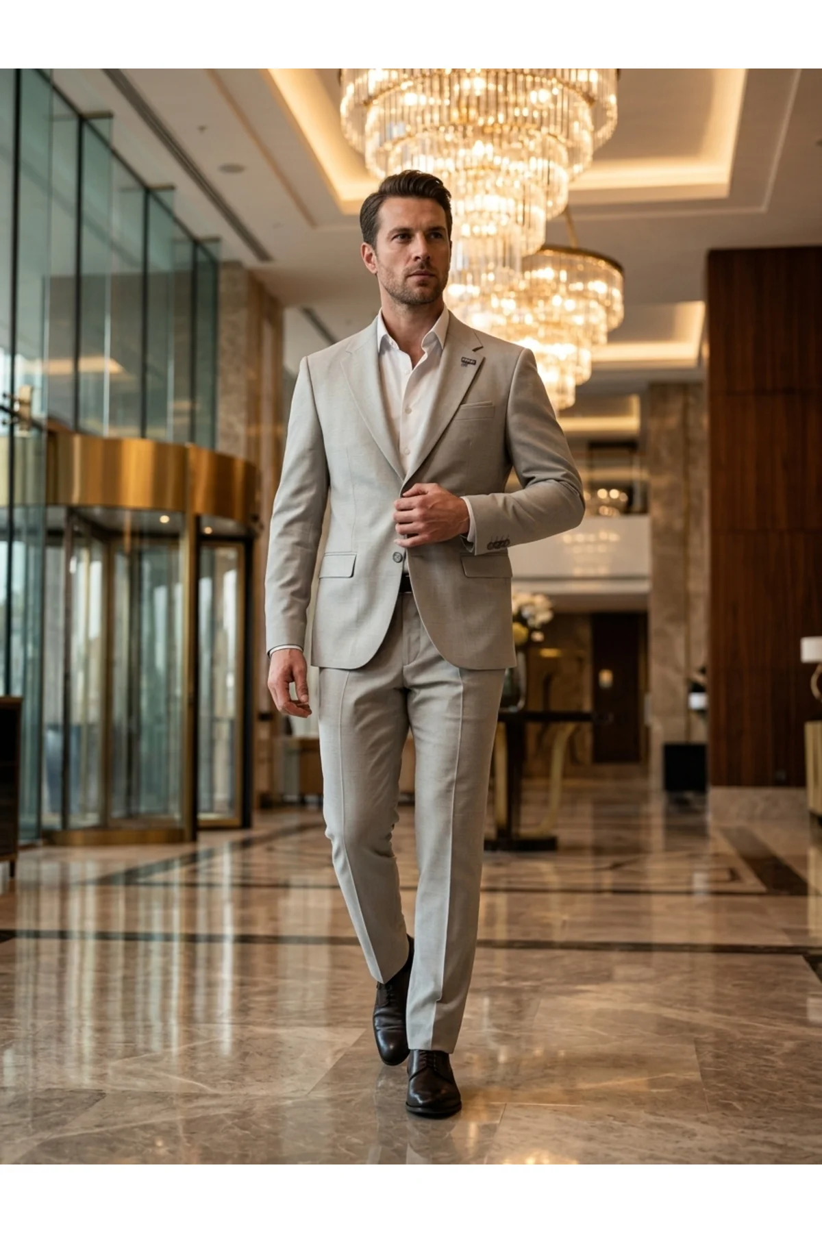 Slim Fit Armür Desenli Açık Gri Takım Elbise Slim Fit Armür Desenli Açık Gri Takım Elbise