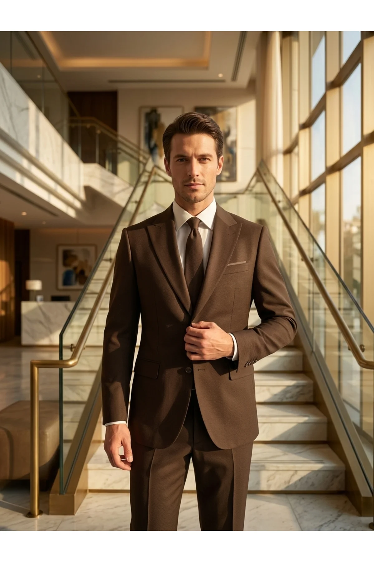 Slim Fit Armür Desenli Kahverengi Takım Elbise Slim Fit Armür Desenli Kahverengi Takım Elbise