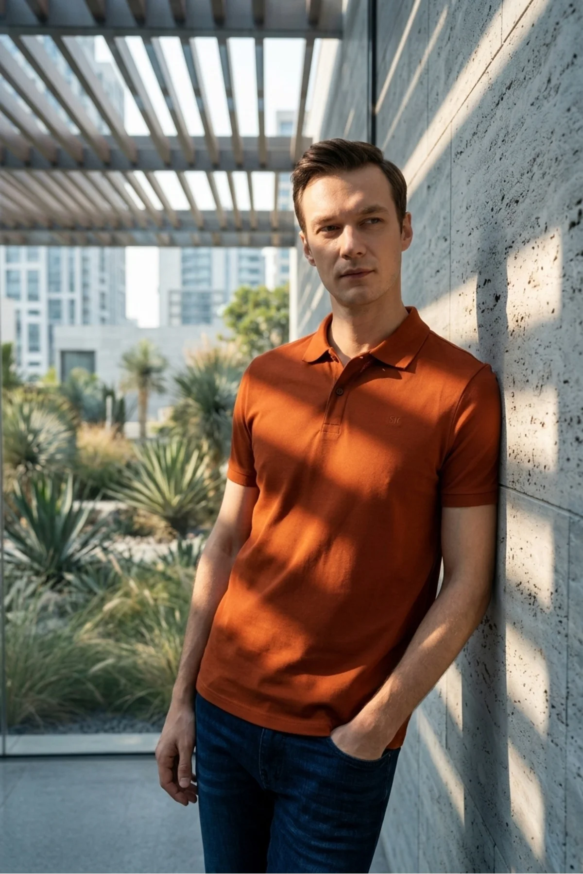 Slim Fit Düz Baskısız Pike Düğmeli Polo Yaka Nefes Alabilen Kiremit T-shirt
