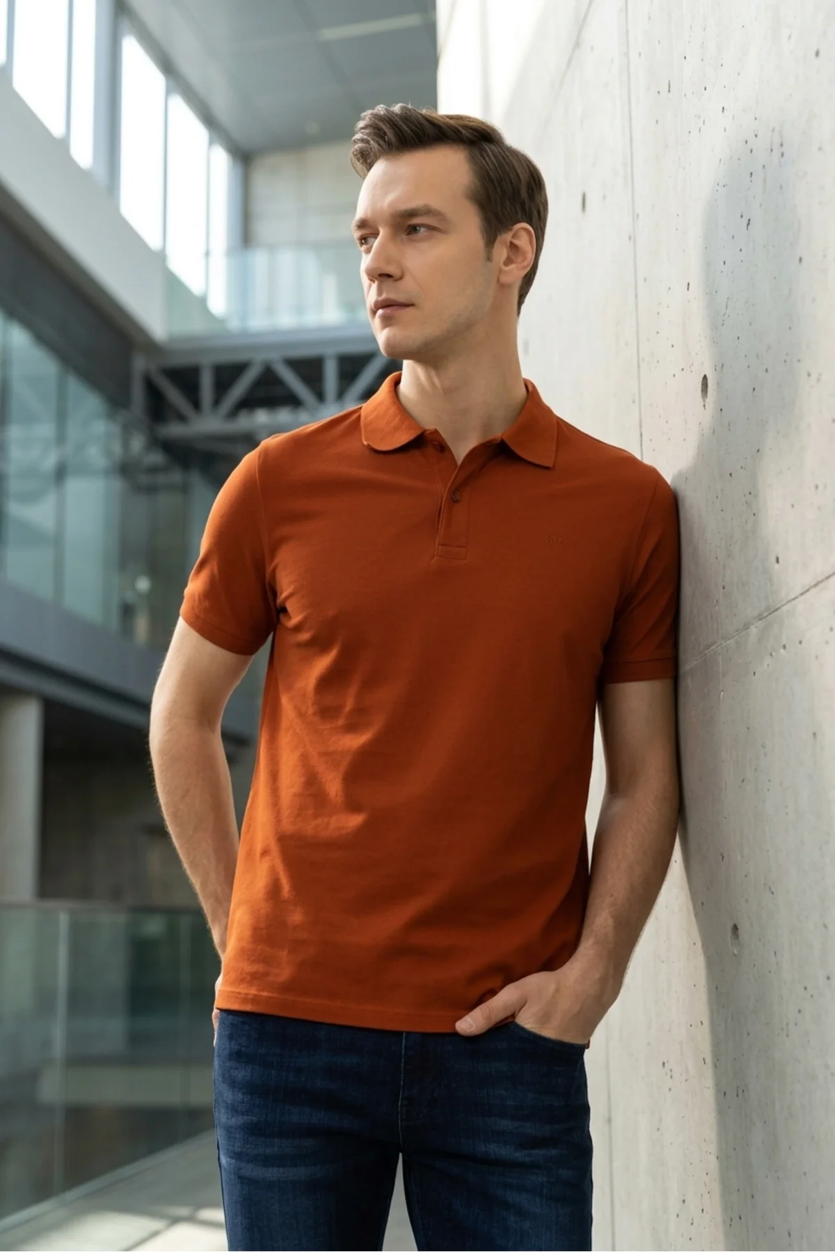 Slim Fit Düz Baskısız Pike Düğmeli Polo Yaka Nefes Alabilen Kiremit T-shirt