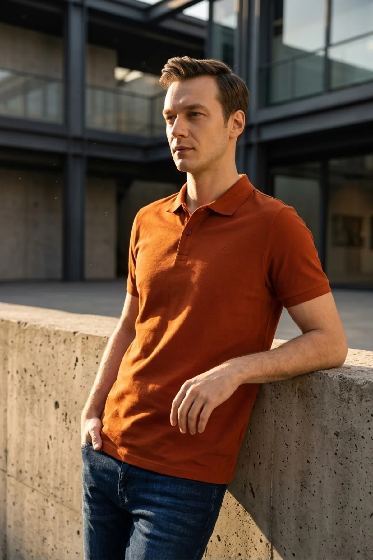 Slim Fit Düz Baskısız Pike Düğmeli Polo Yaka Nefes Alabilen Kiremit T-shirt