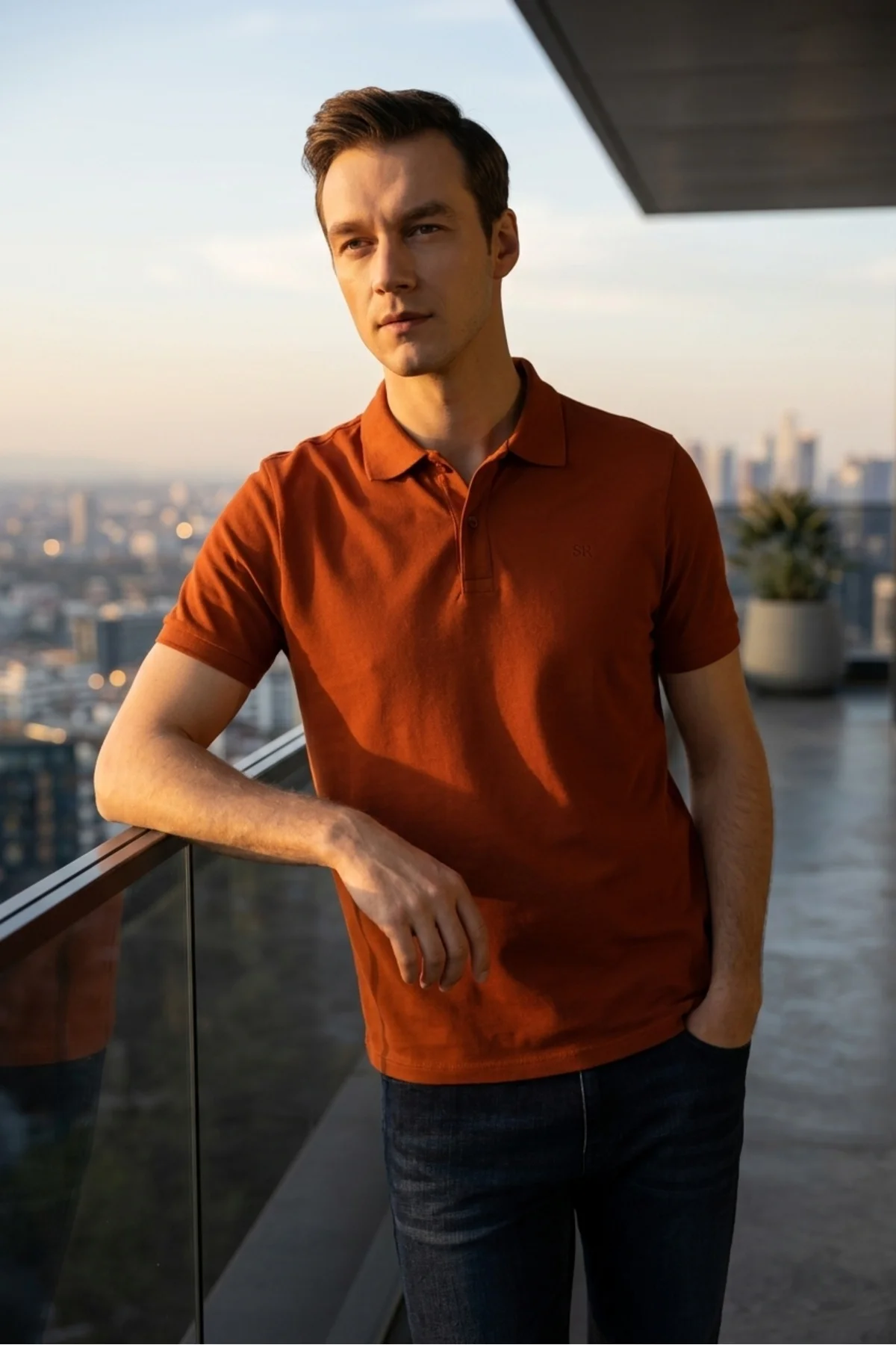 Slim Fit Düz Baskısız Pike Düğmeli Polo Yaka Nefes Alabilen Kiremit T-shirt