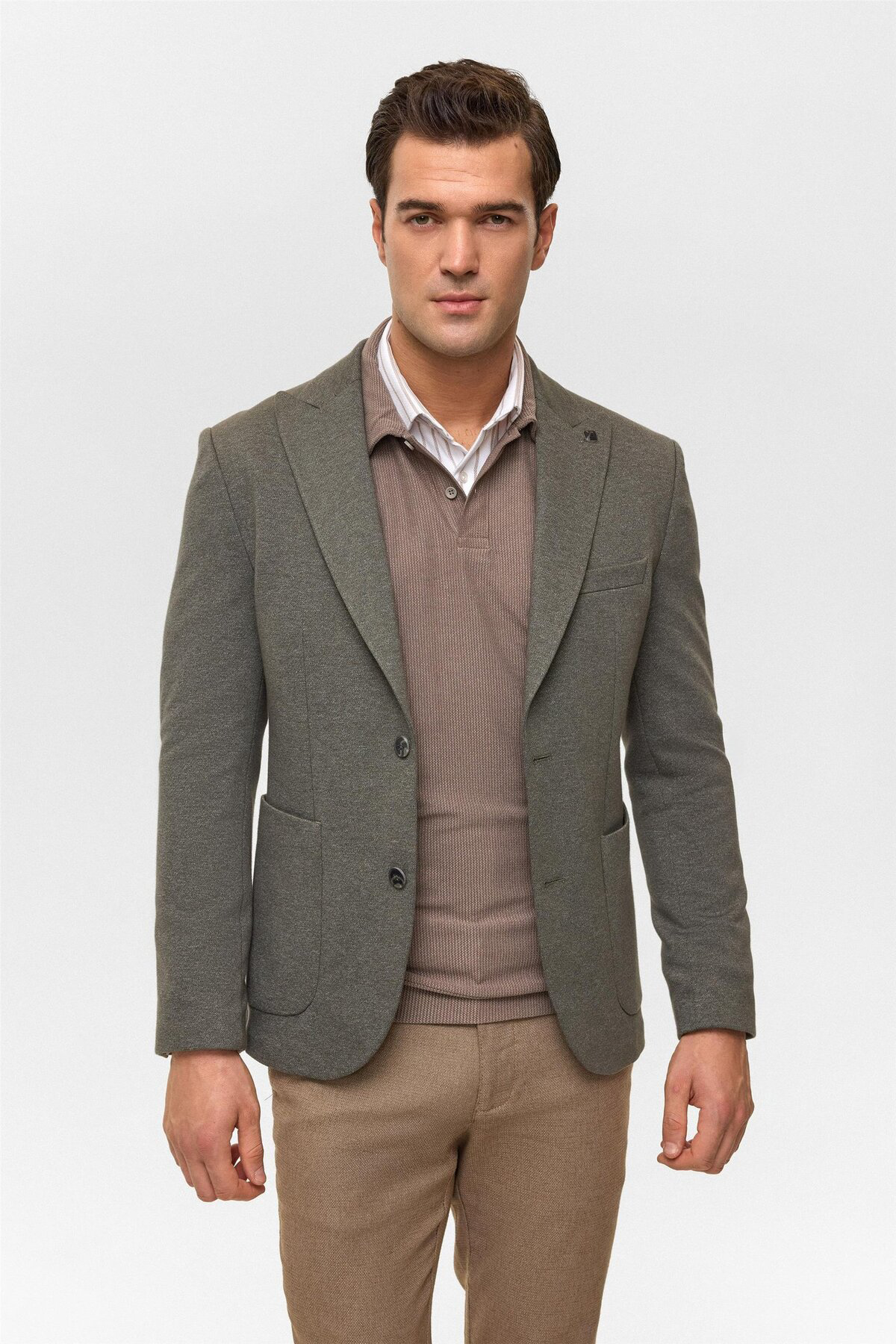 Slim Fit Haki Pamuk Tek Ceket